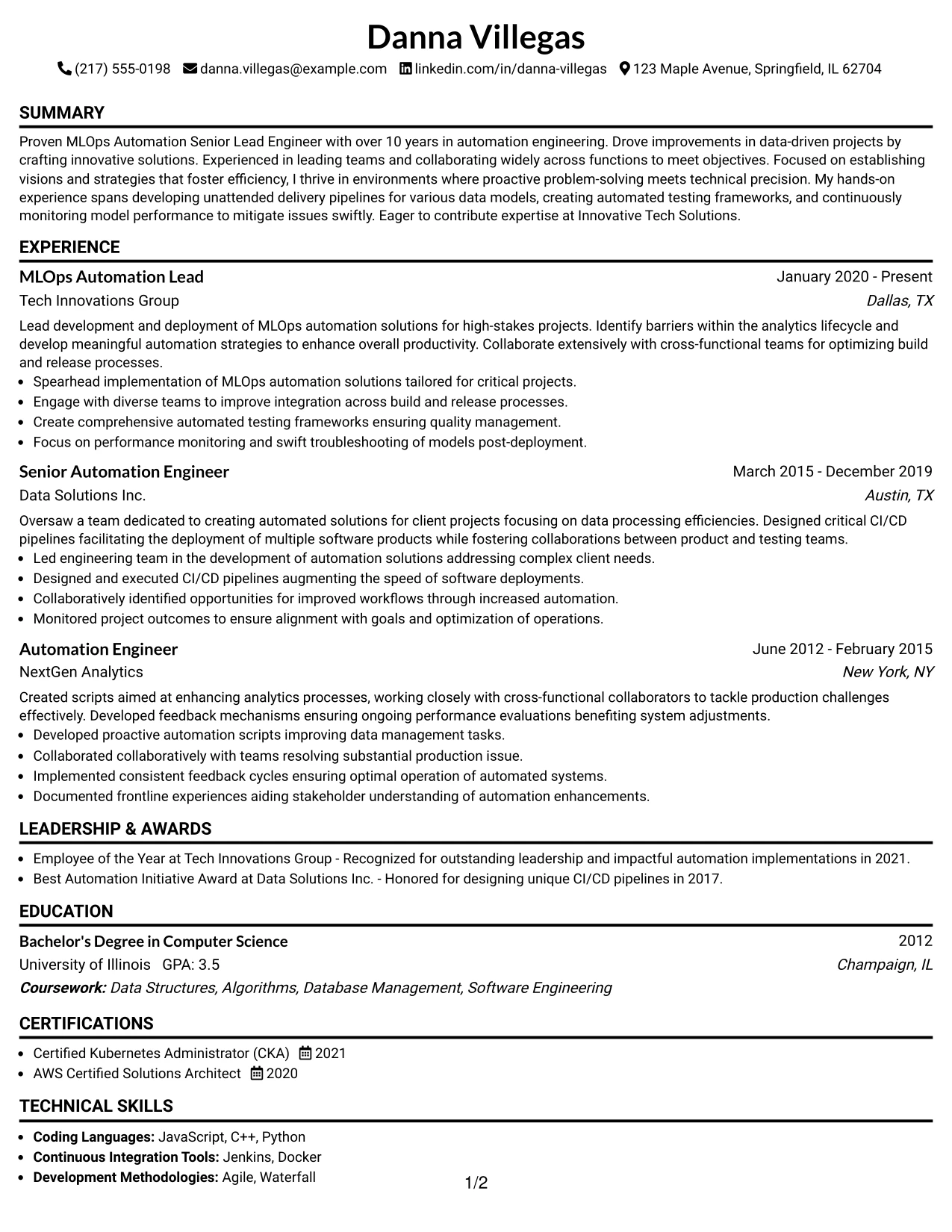 Resume Example Page 1