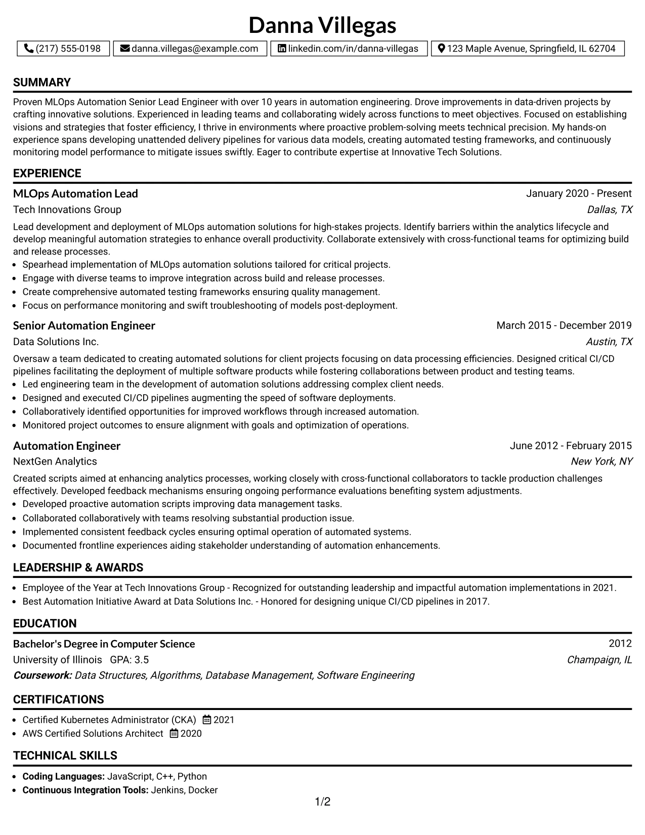 Resume Example Page 1