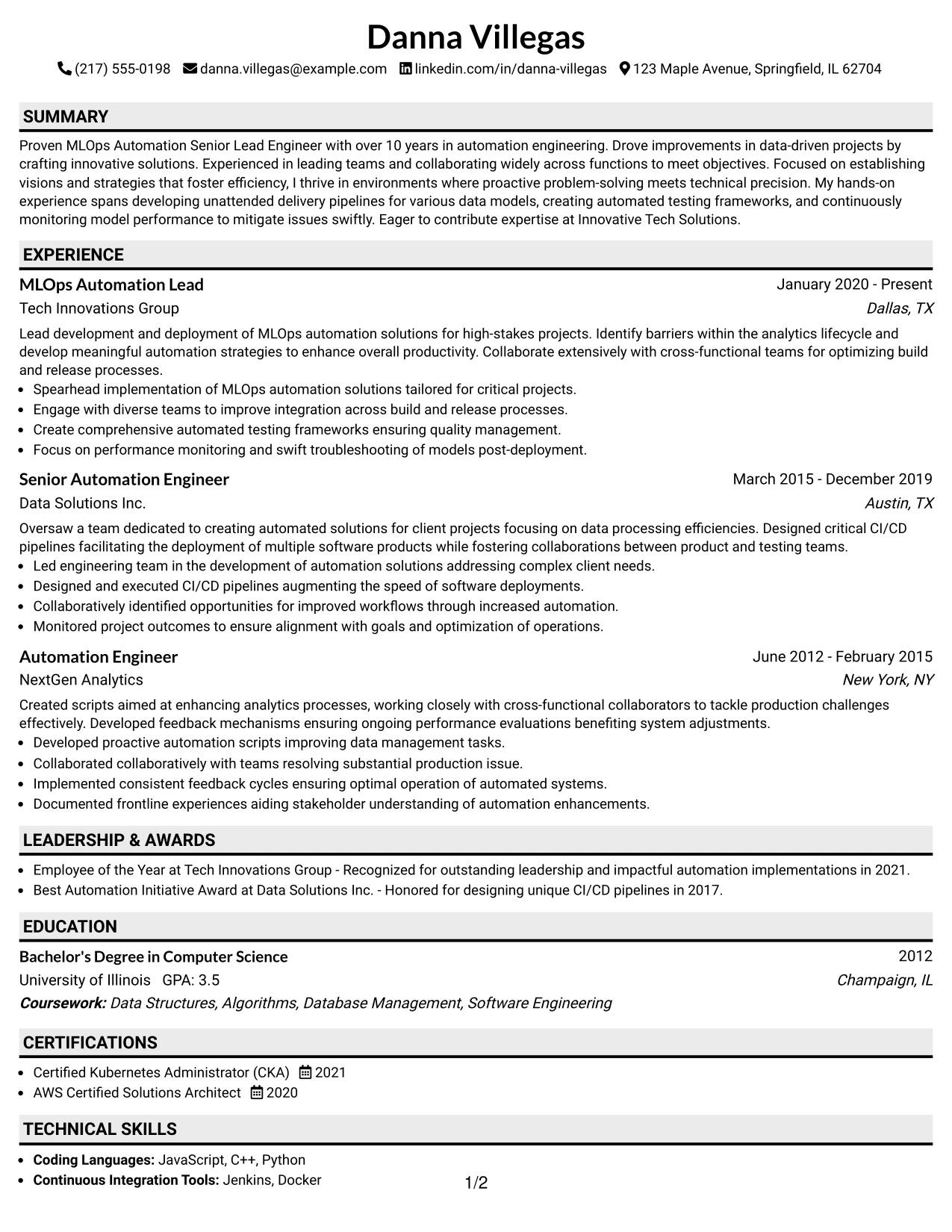 Resume Example Page 1