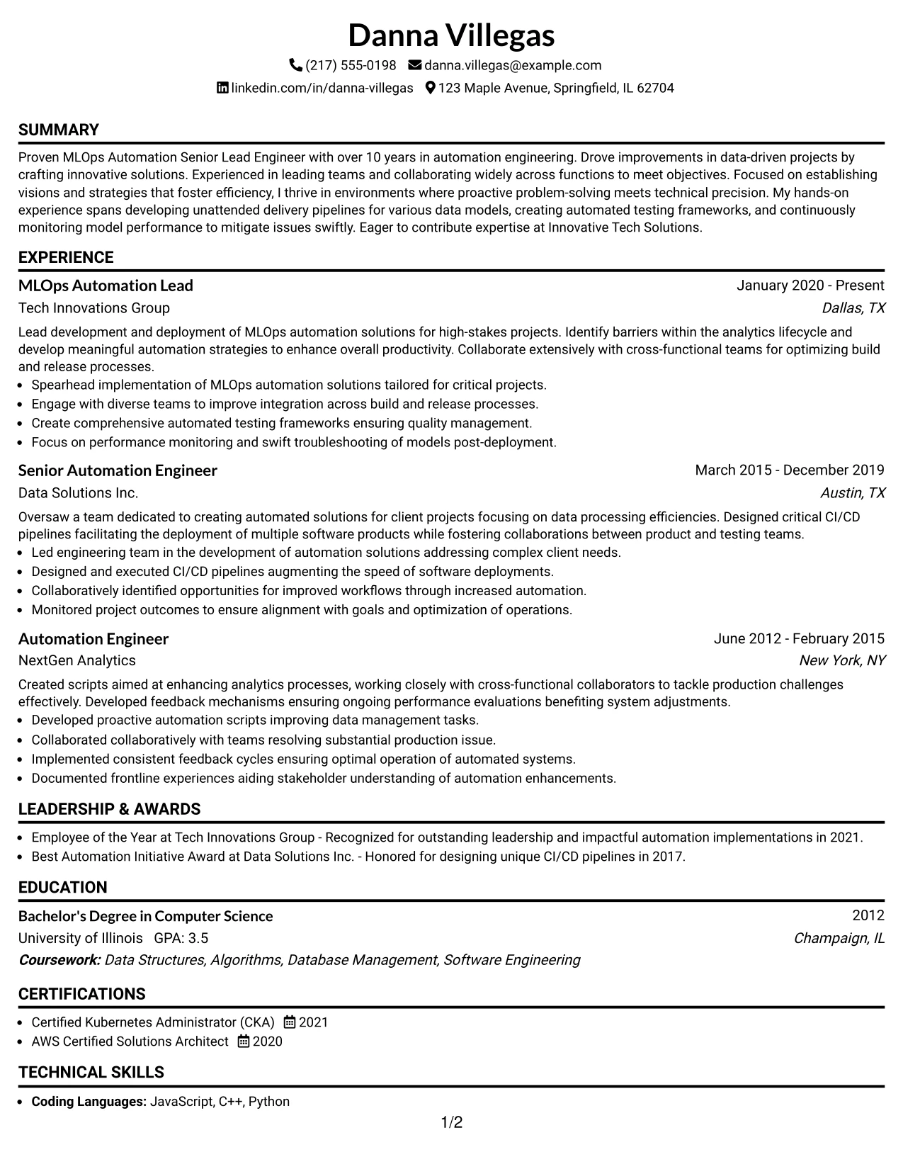 Resume Example Page 1