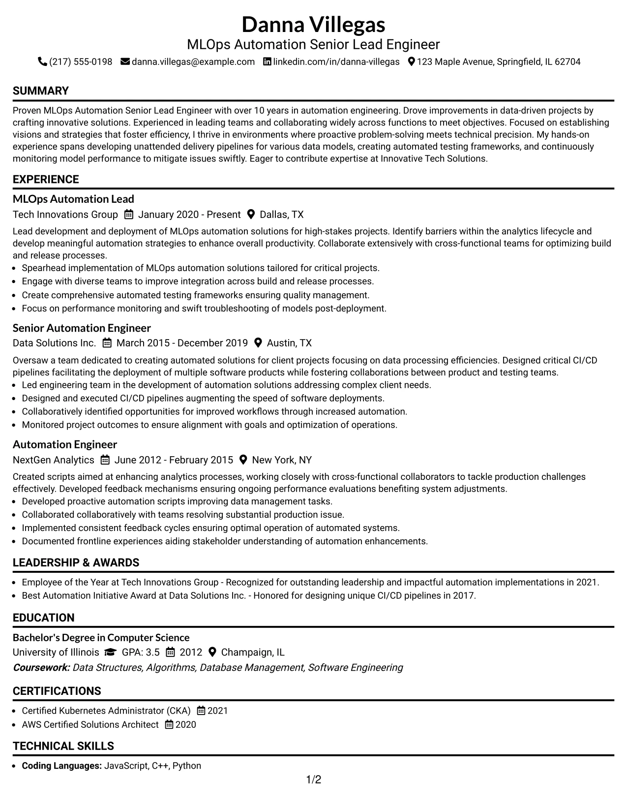 Resume Example Page 1