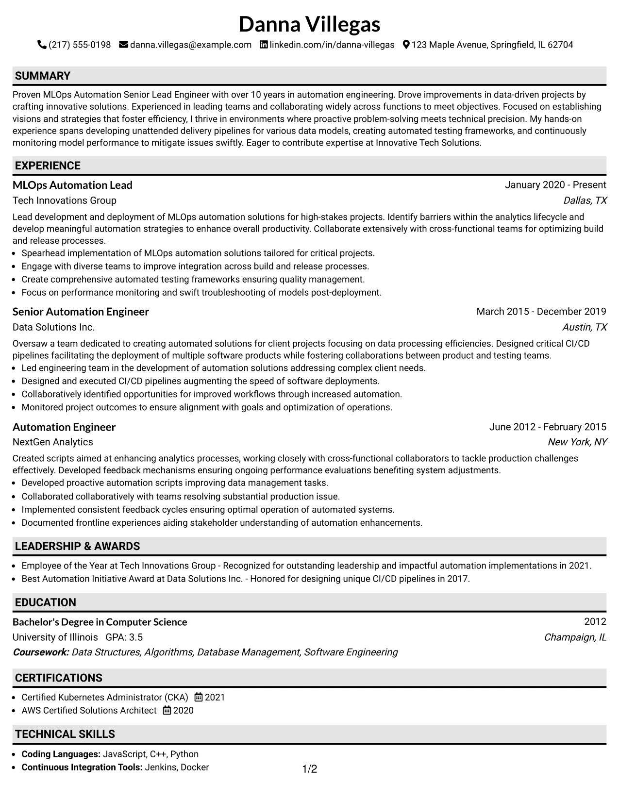 Resume Example Page 1