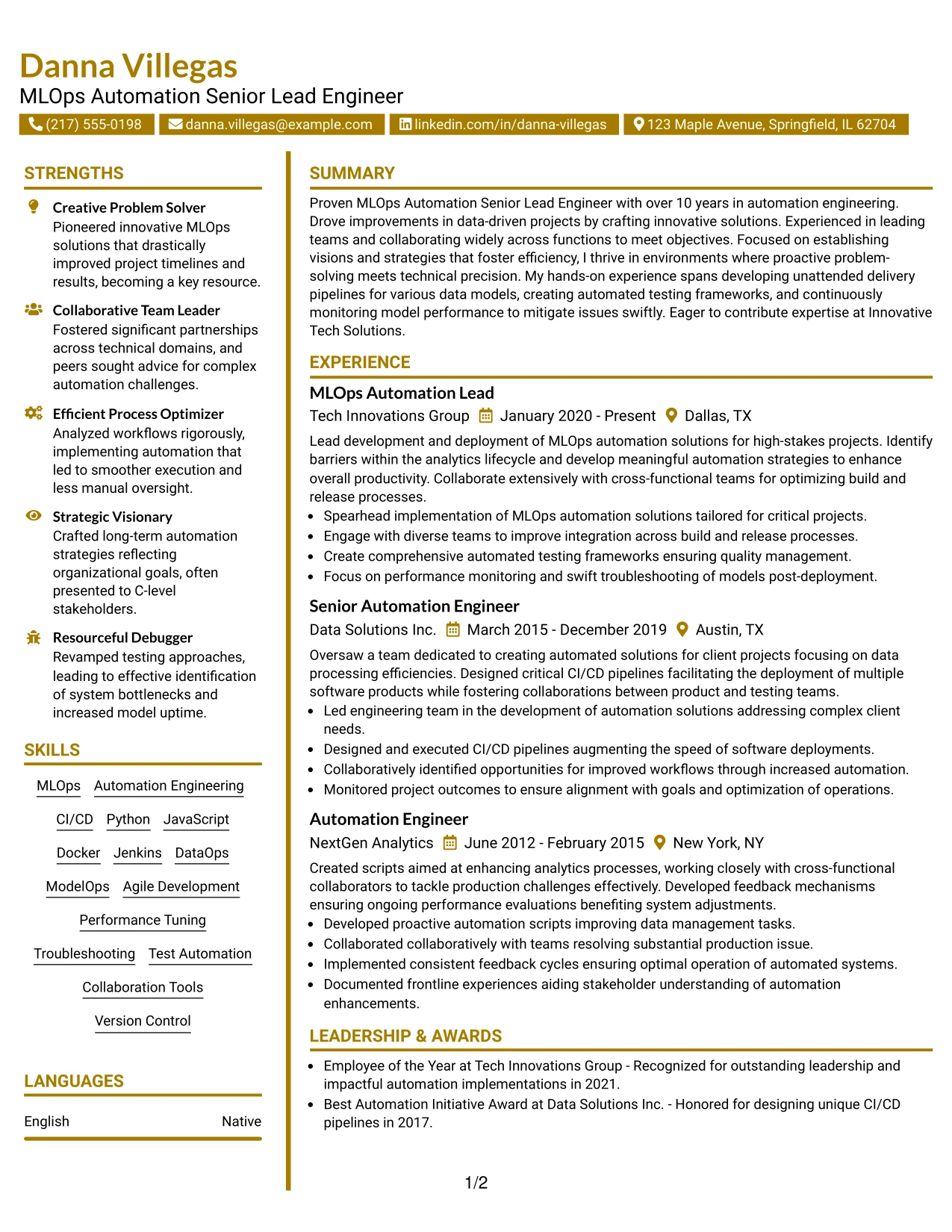 Resume Example Page 1