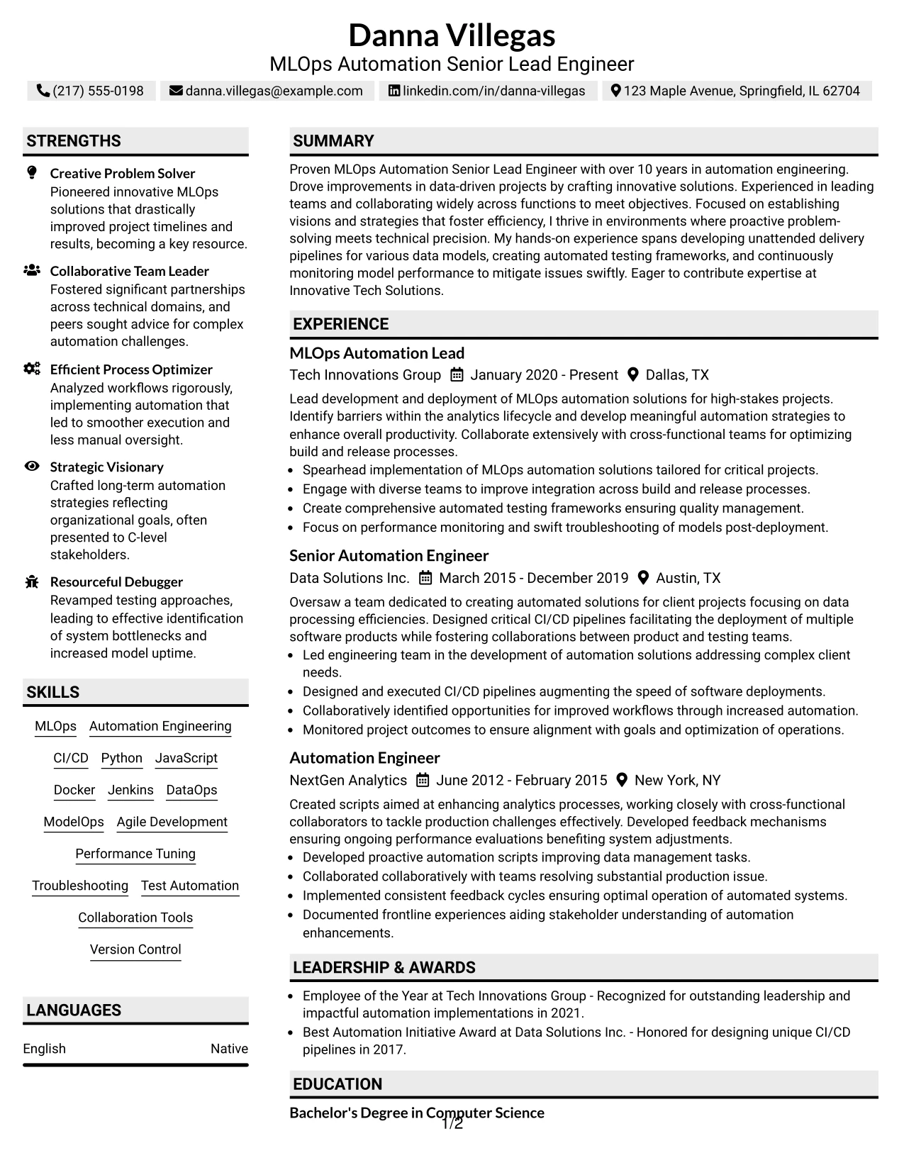 Resume Example Page 1