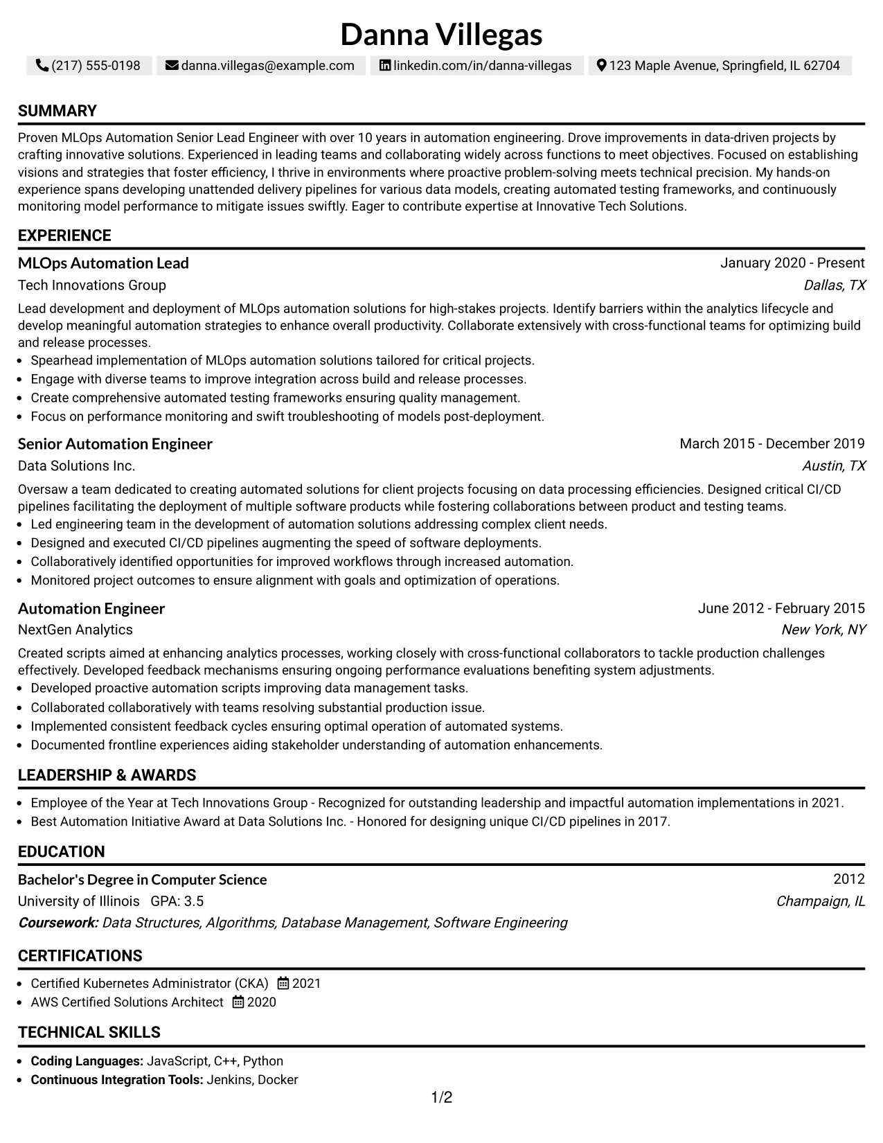 Resume Example Page 1