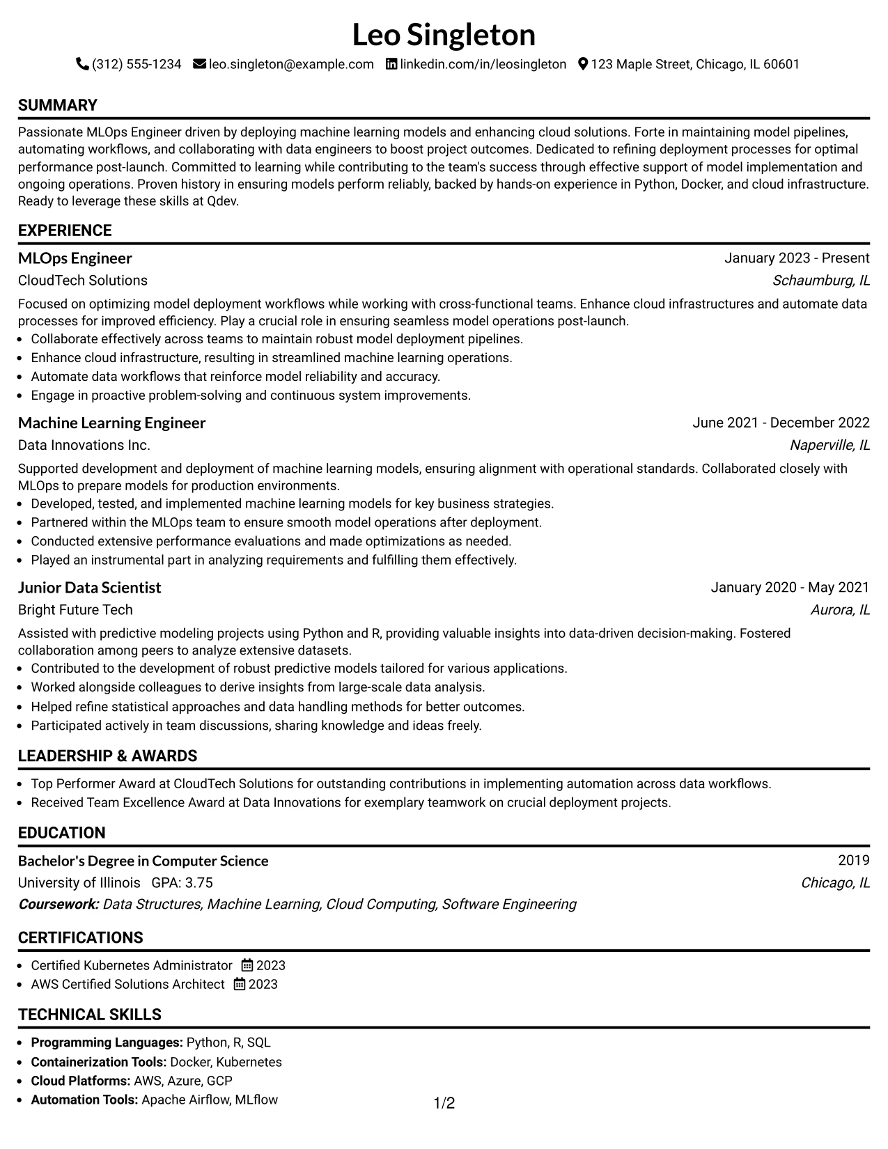Resume Example Page 1