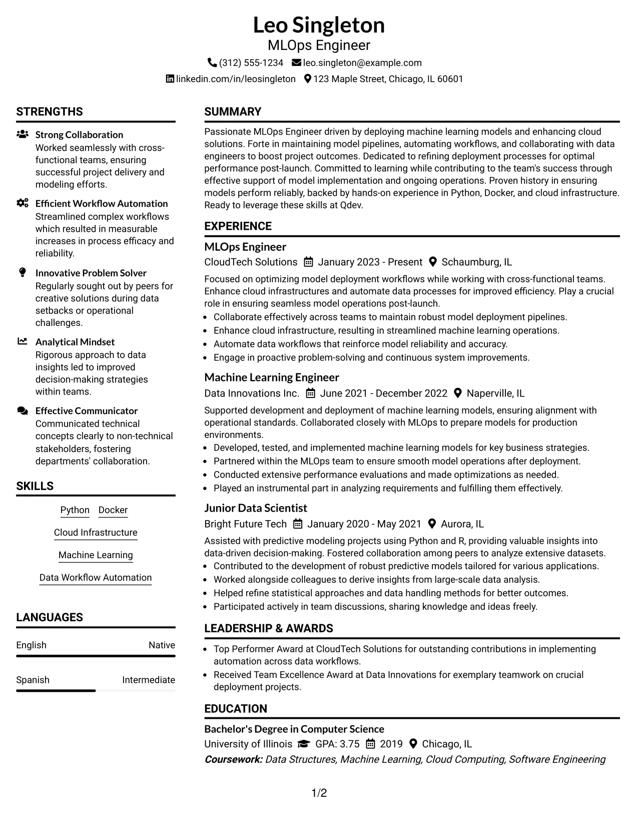 Resume Example Page 1