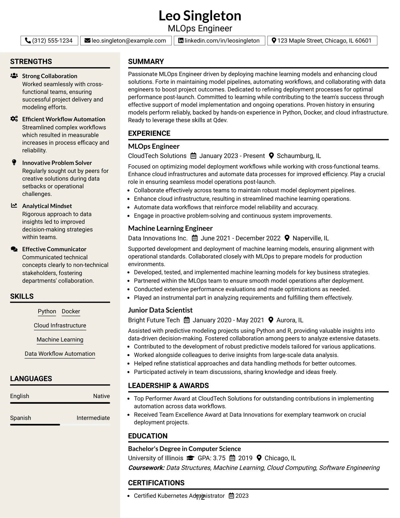Resume Example Page 1