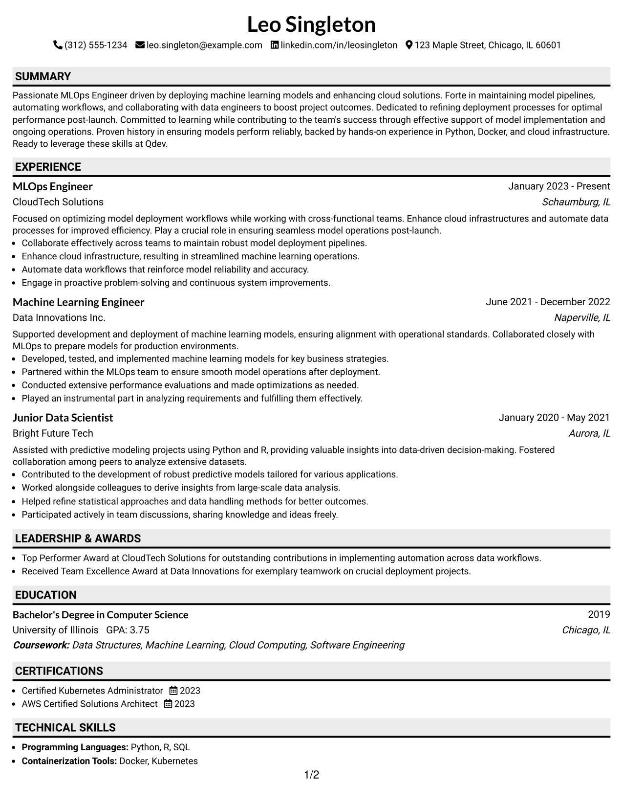 Resume Example Page 1