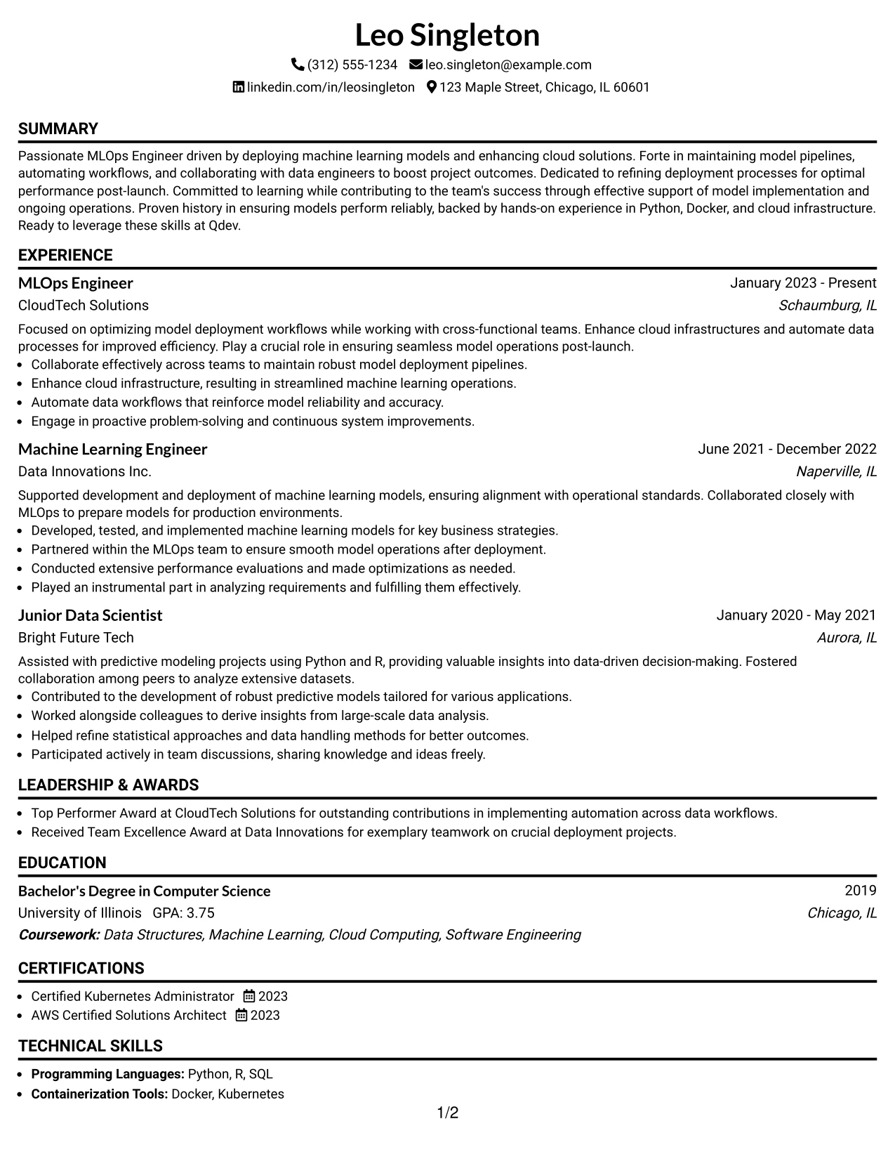 Resume Example Page 1