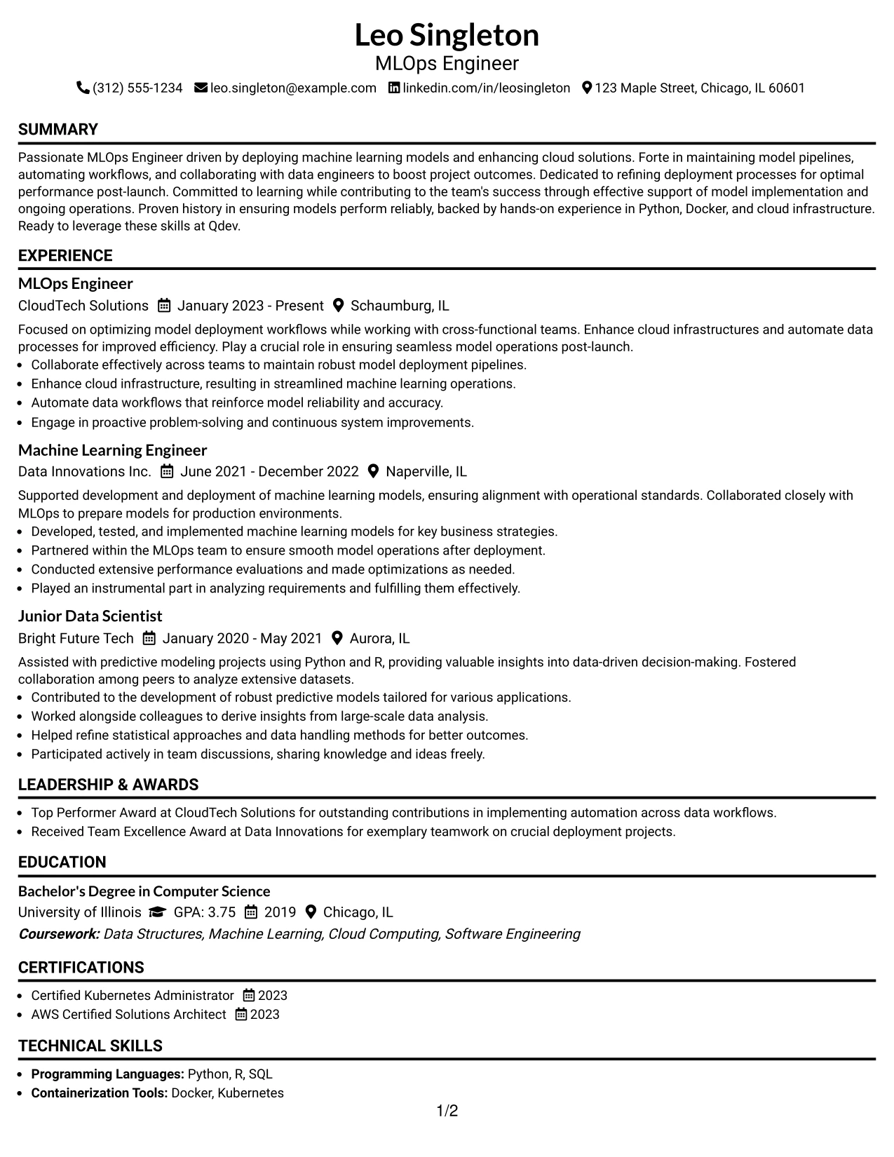 Resume Example Page 1