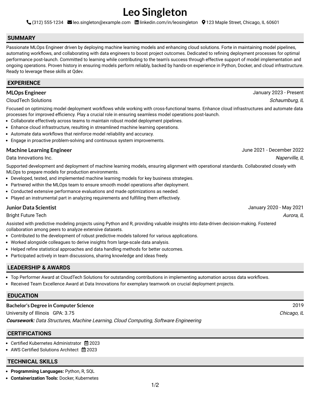Resume Example Page 1