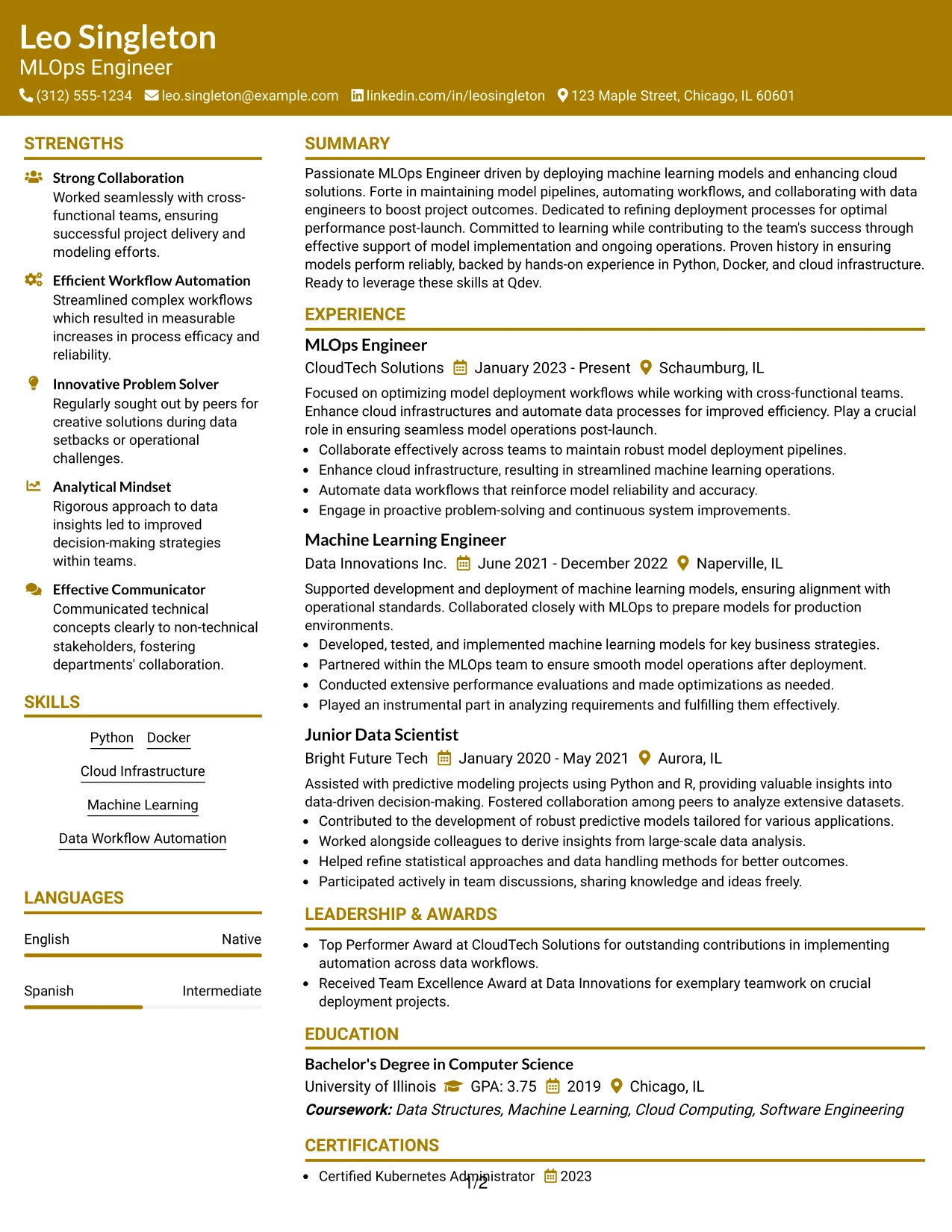 Resume Example Page 1
