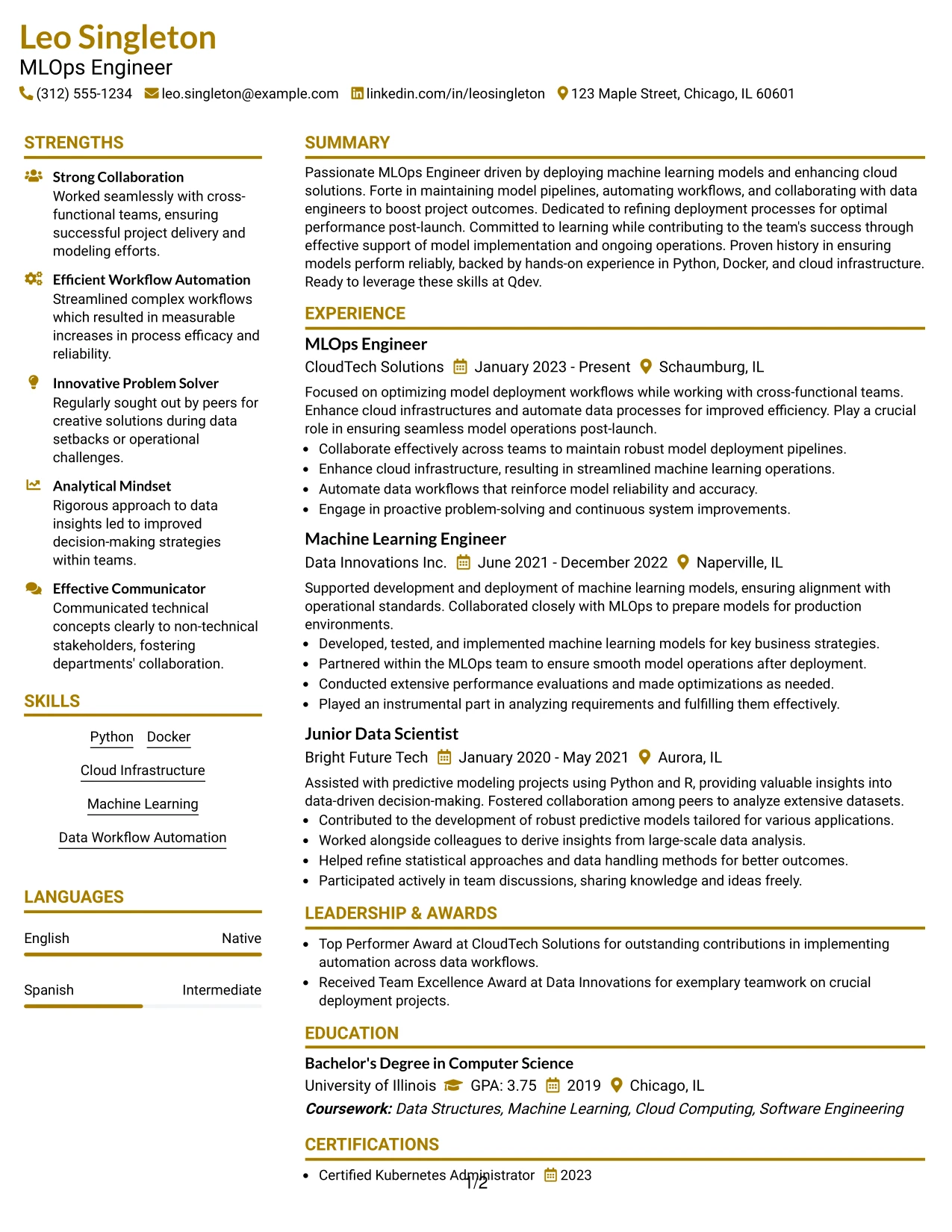 Resume Example Page 1