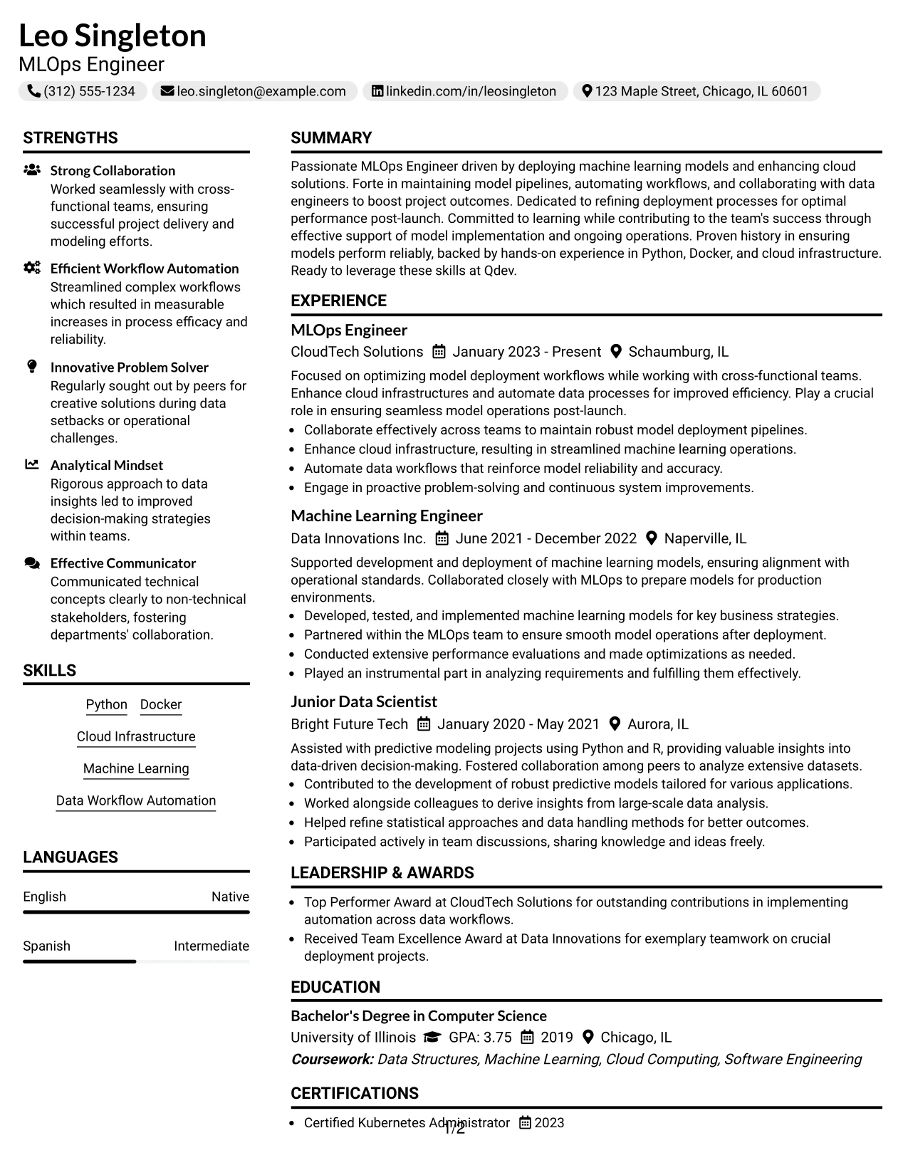 Resume Example Page 1