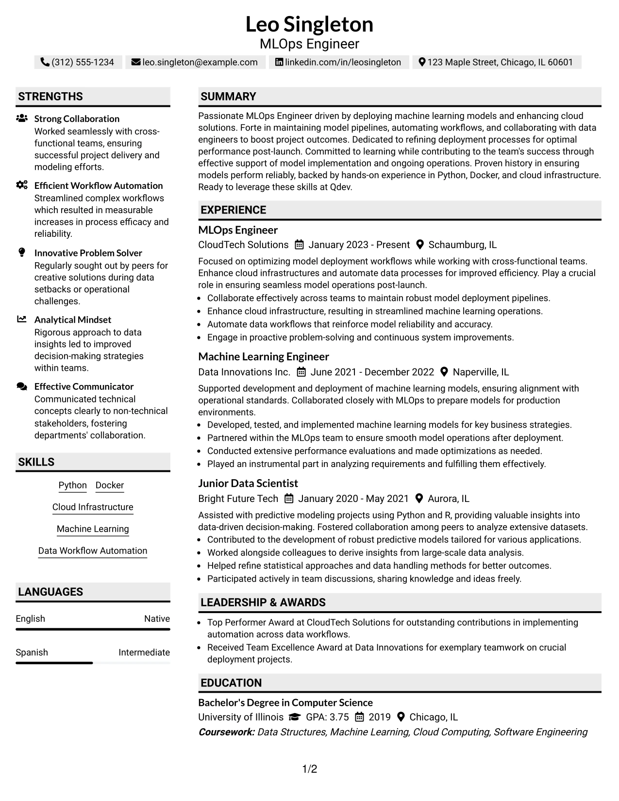 Resume Example Page 1