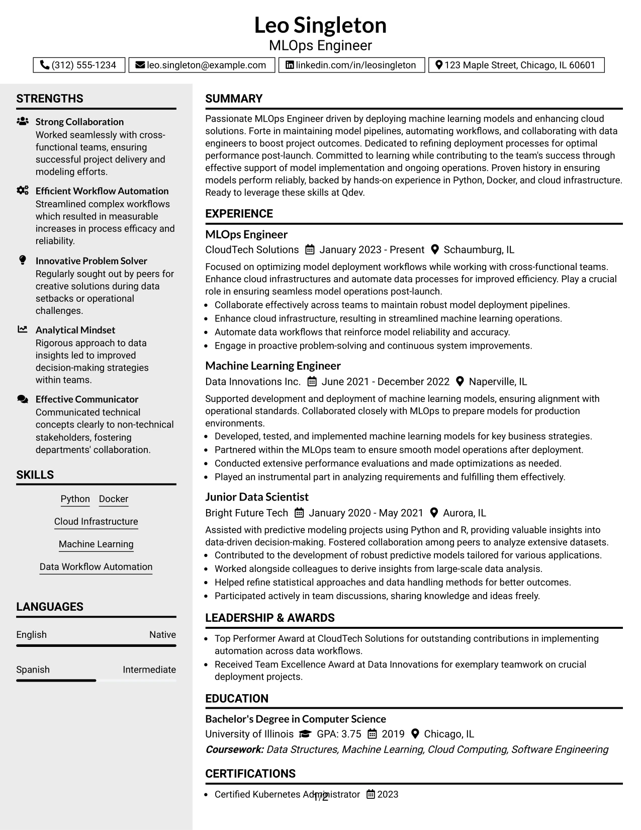 Resume Example Page 1