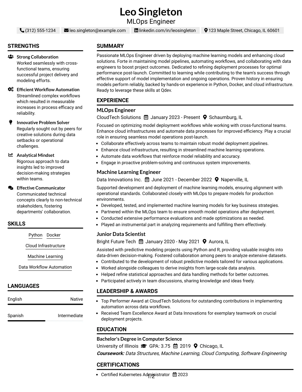 Resume Example Page 1