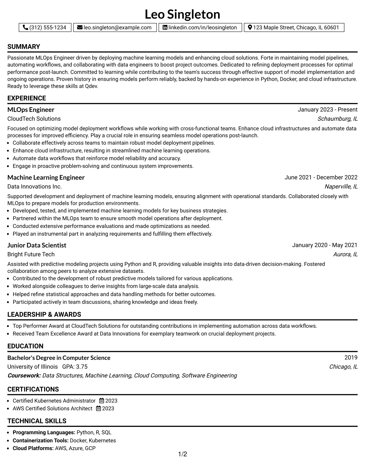 Resume Example Page 1