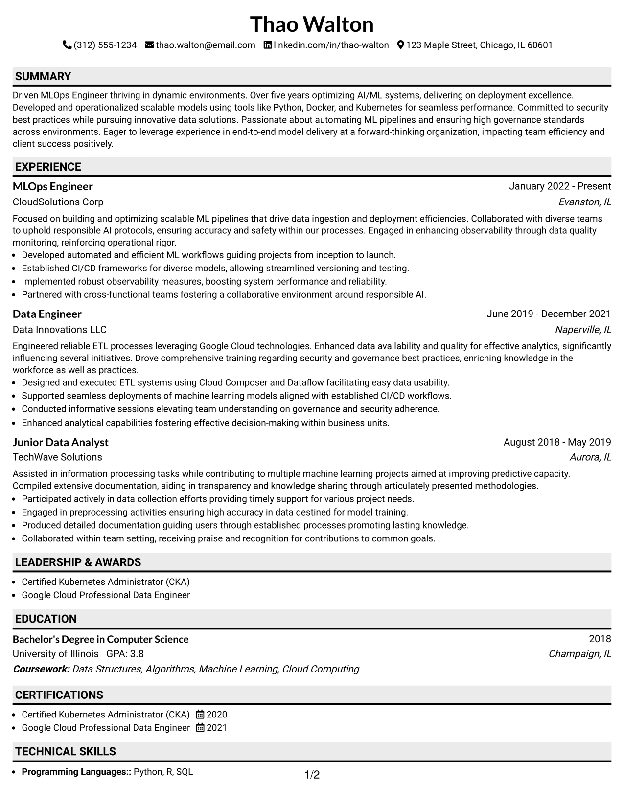 Resume Example Page 1