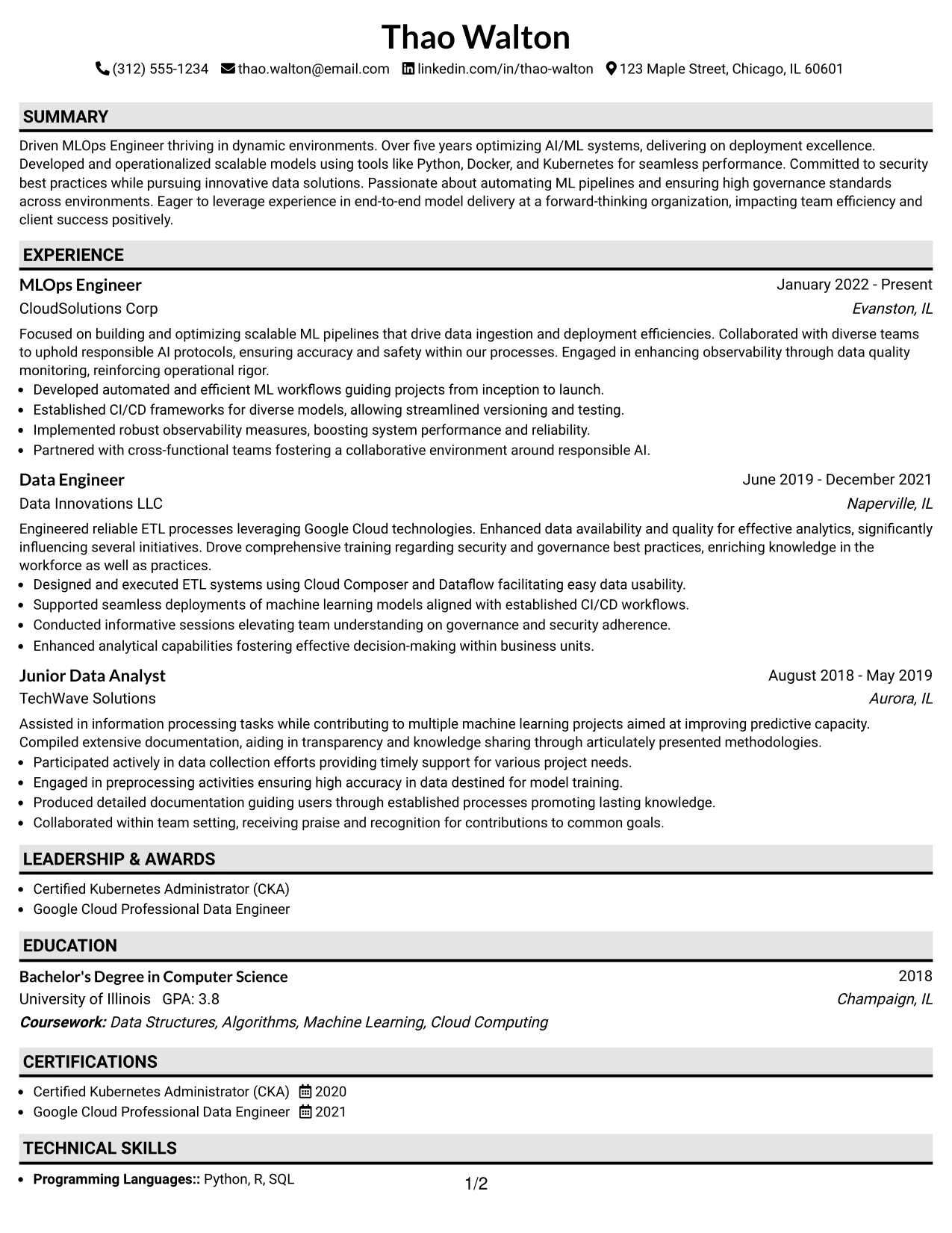 Resume Example Page 1