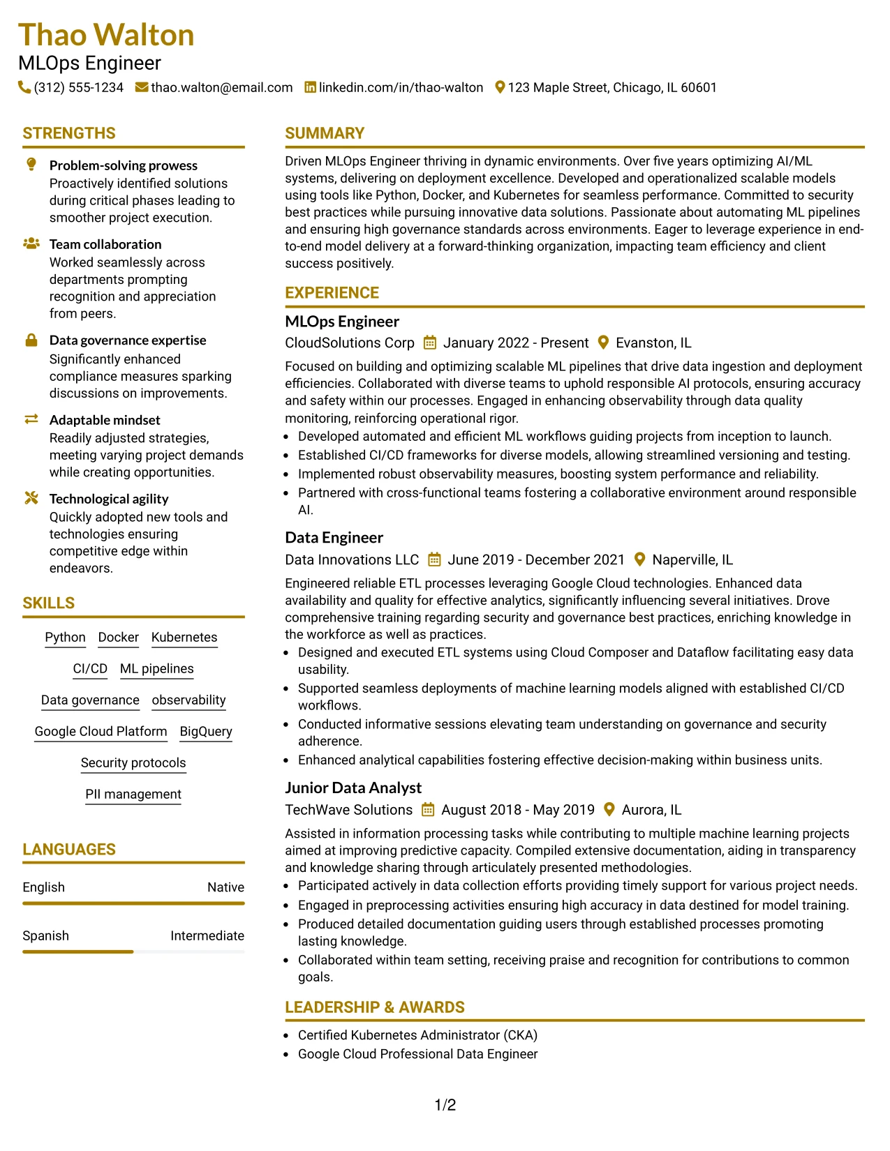 Resume Example Page 1