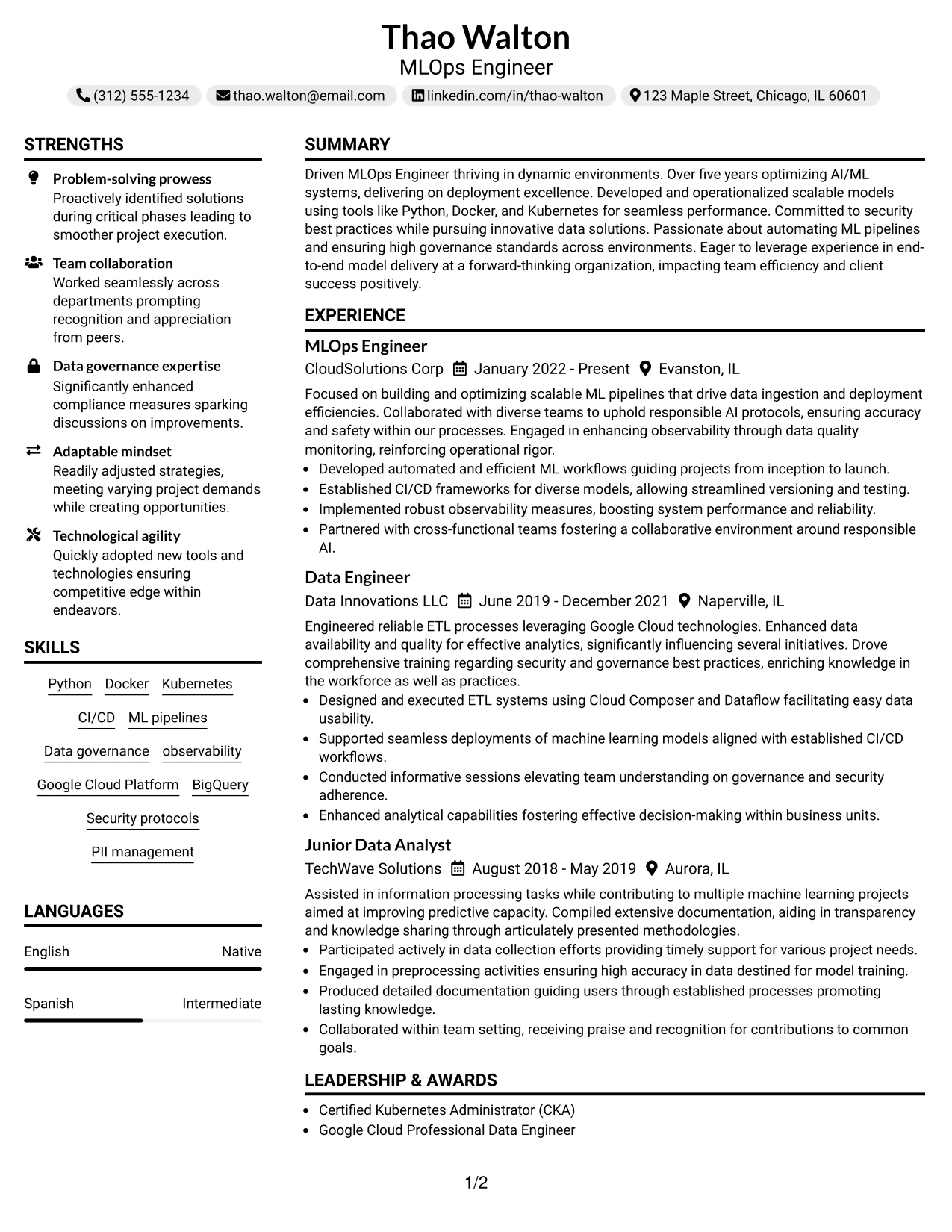 Resume Example Page 1