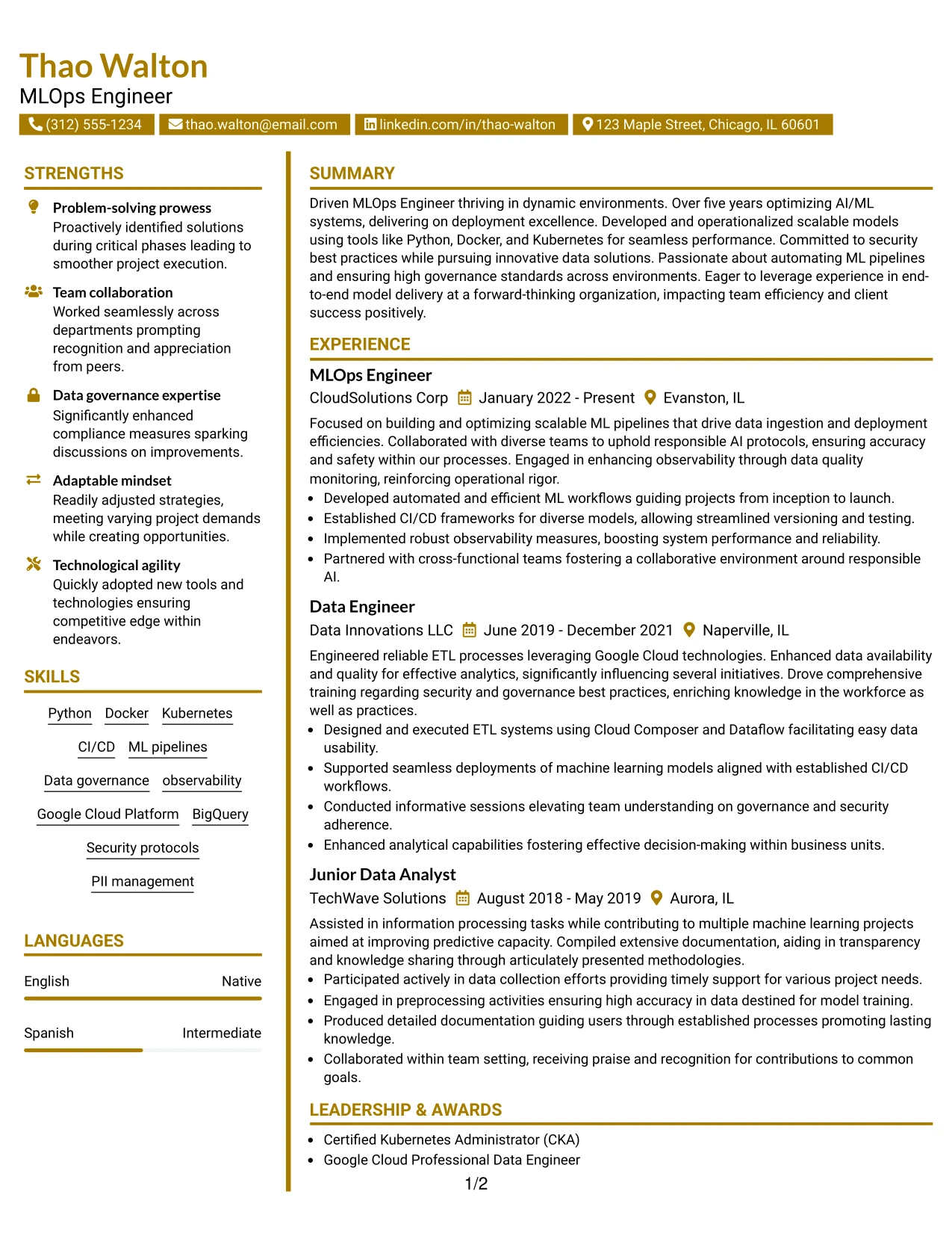 Resume Example Page 1