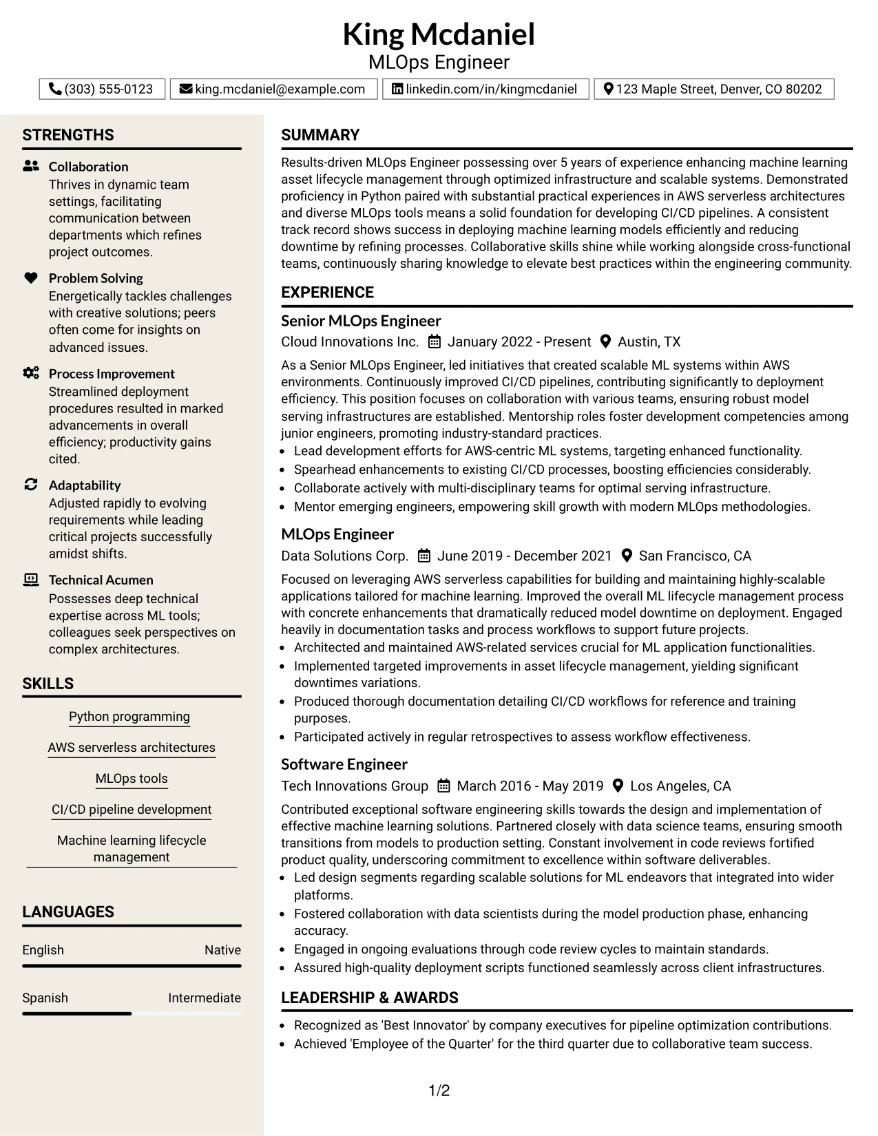 Resume Example Page 1