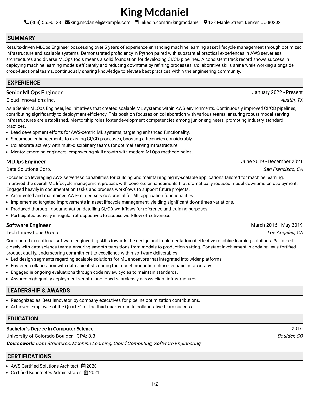 Resume Example Page 1