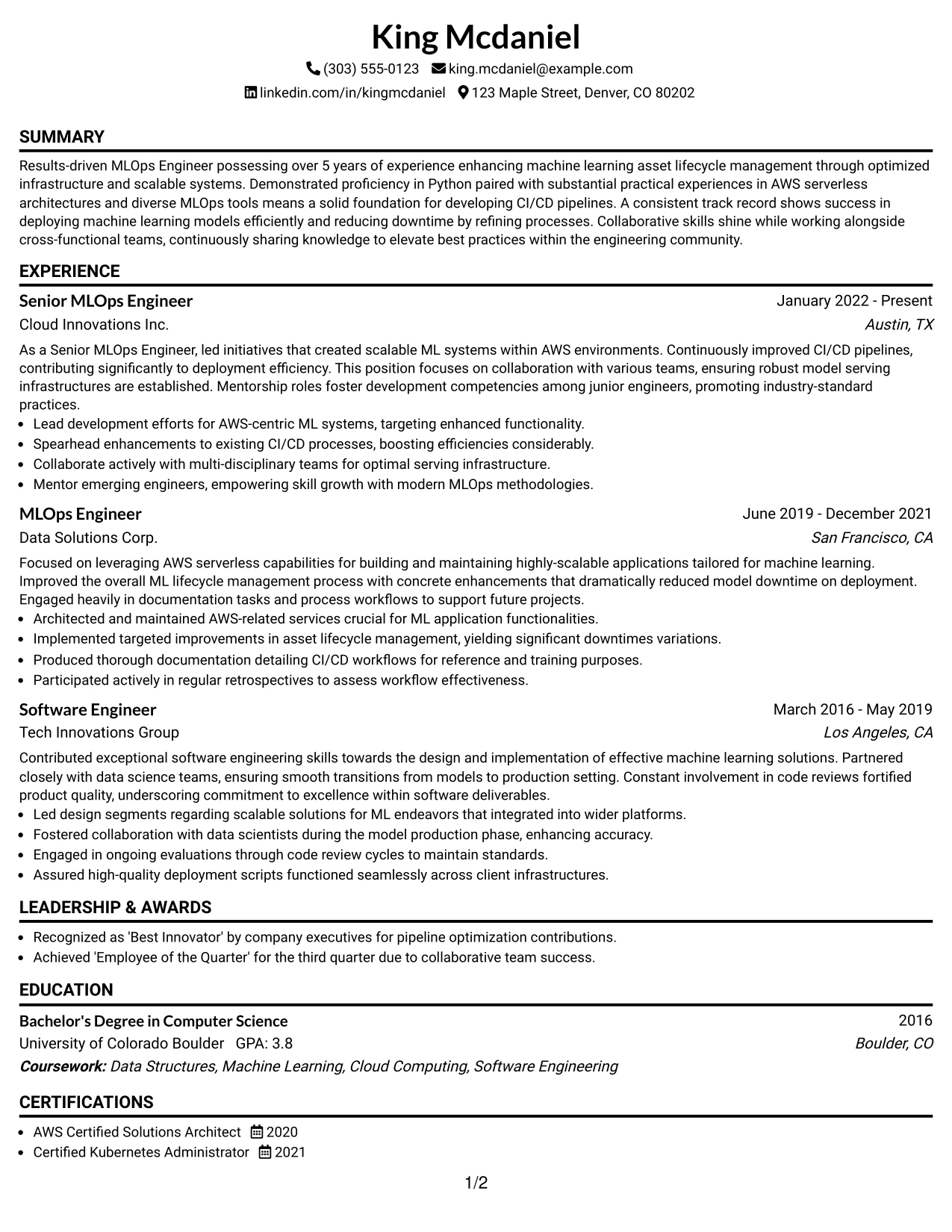 Resume Example Page 1