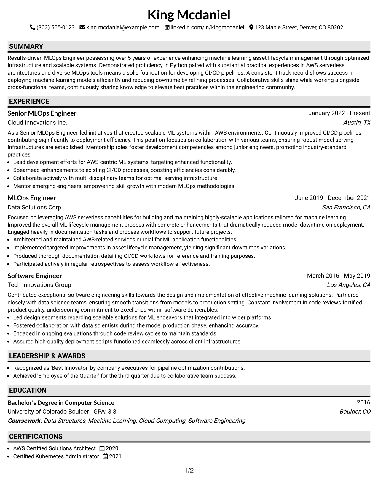 Resume Example Page 1