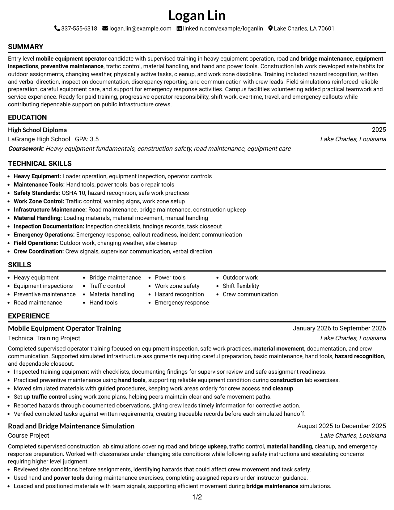 Resume Example Page 1