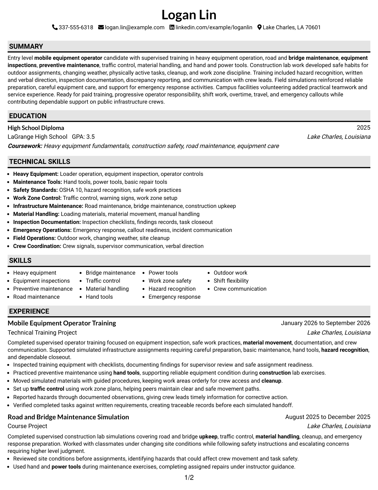 Resume Example Page 1