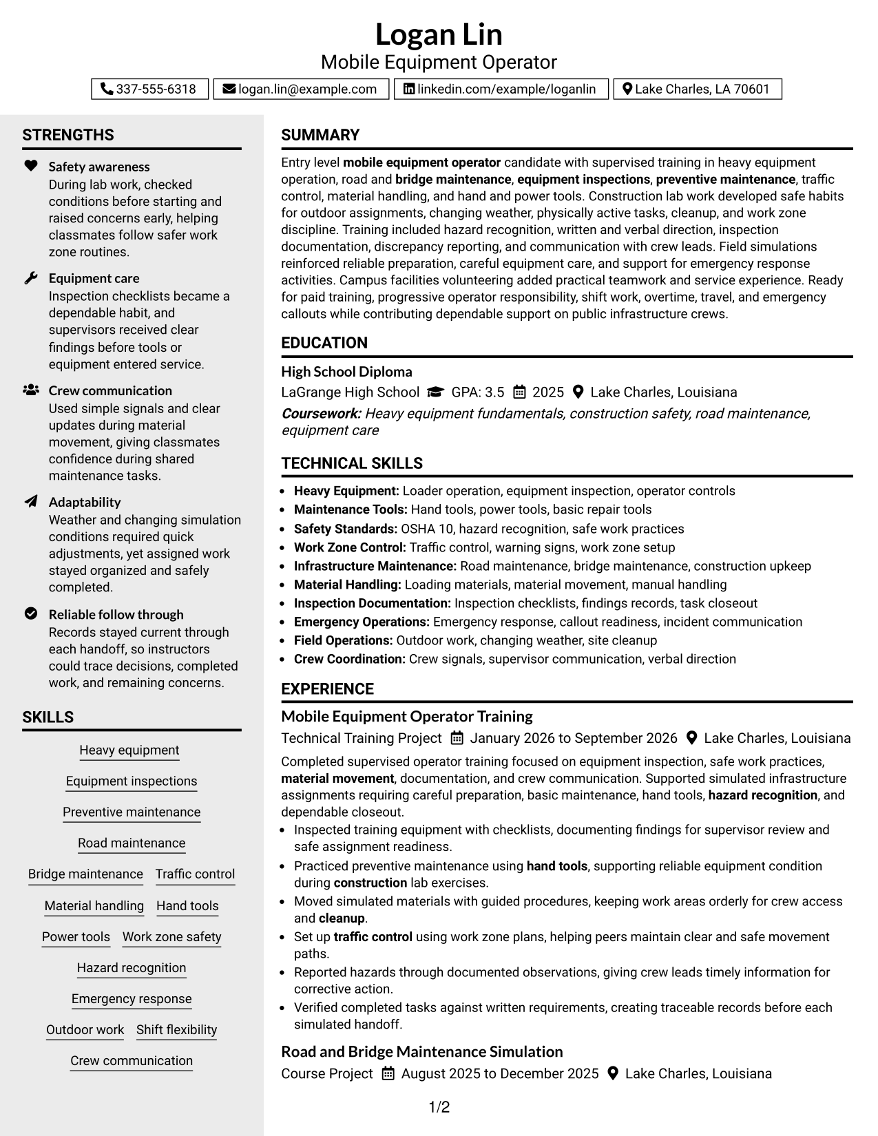 Resume Example Page 1