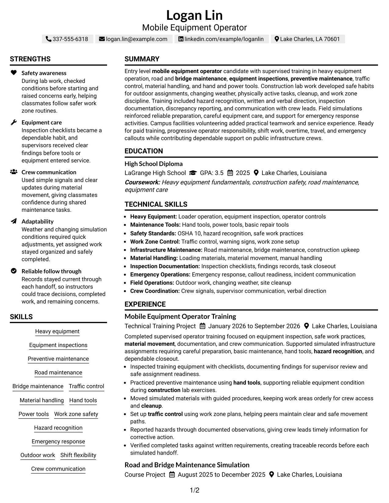 Resume Example Page 1