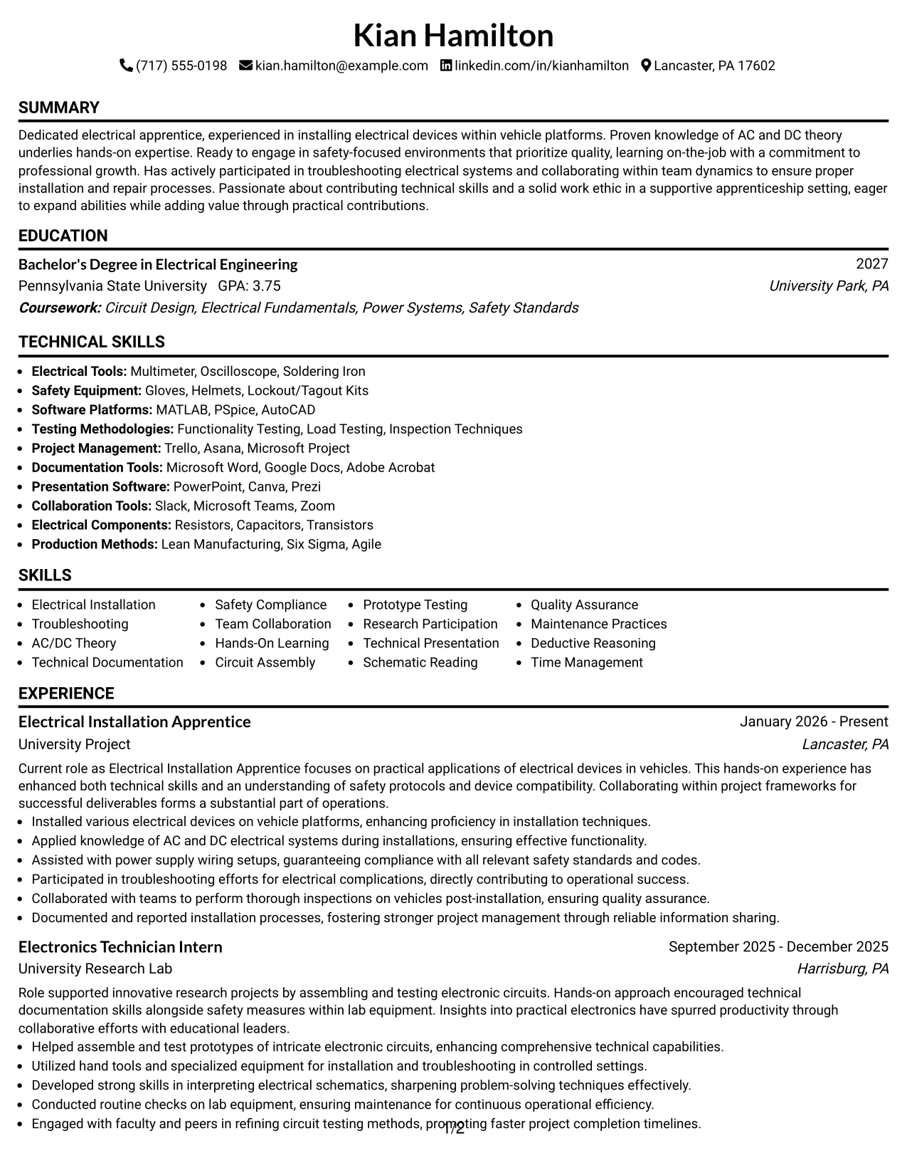 Resume Example Page 1