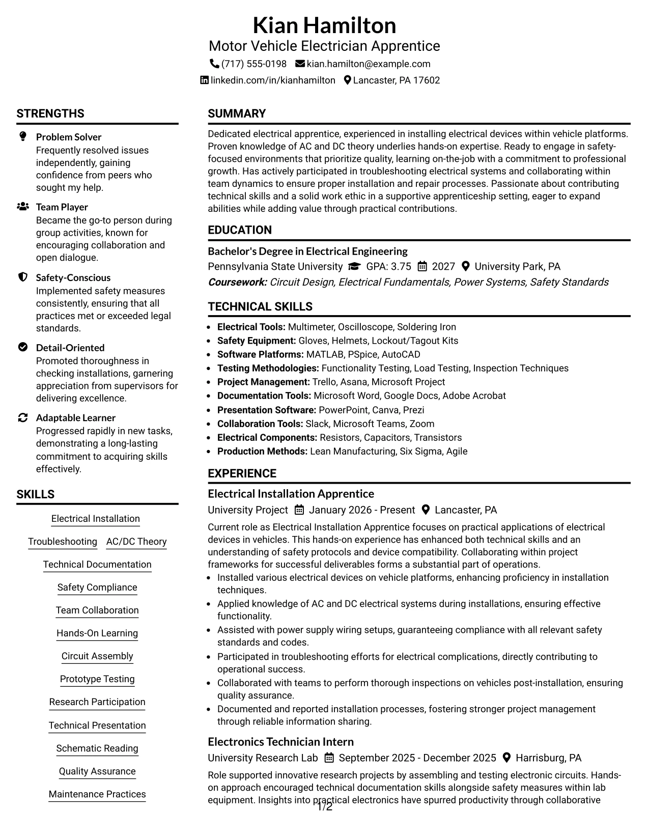 Resume Example Page 1