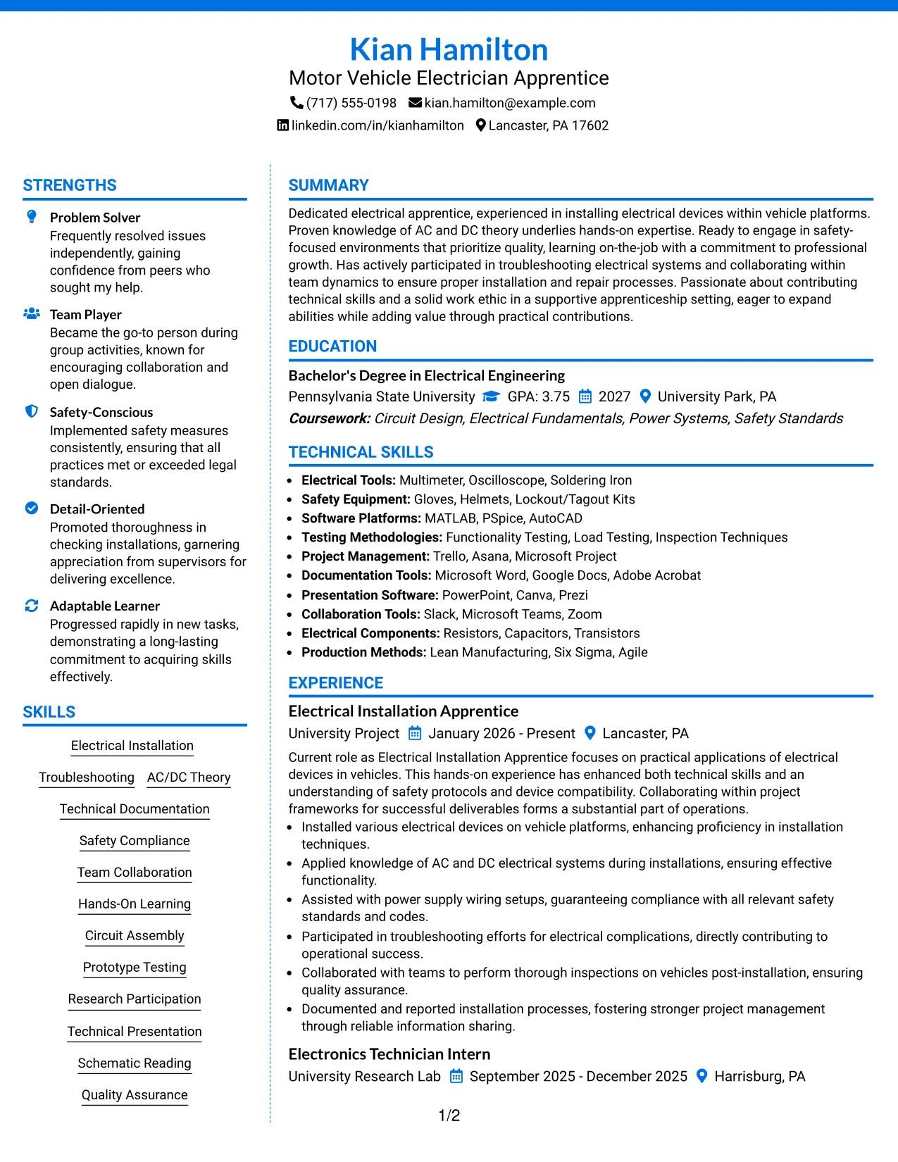 Resume Example Page 1