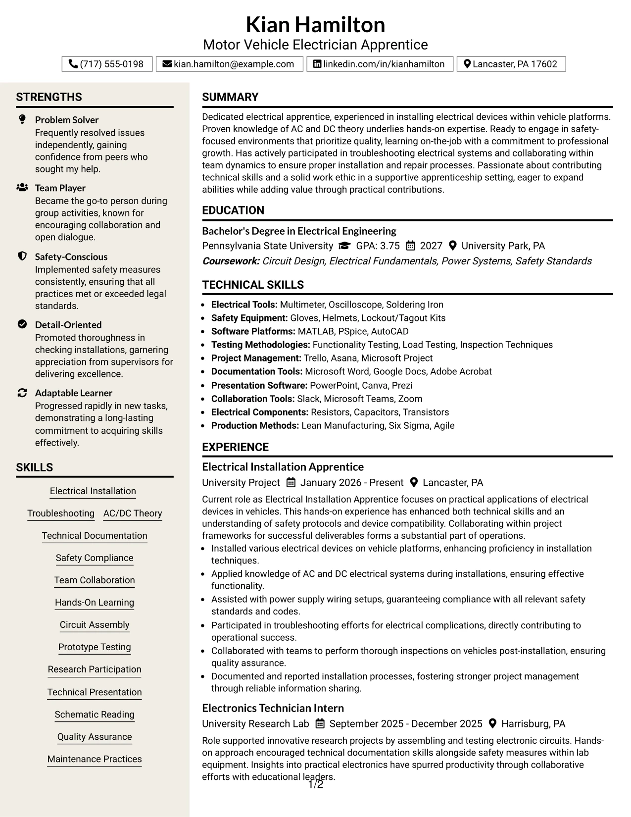 Resume Example Page 1
