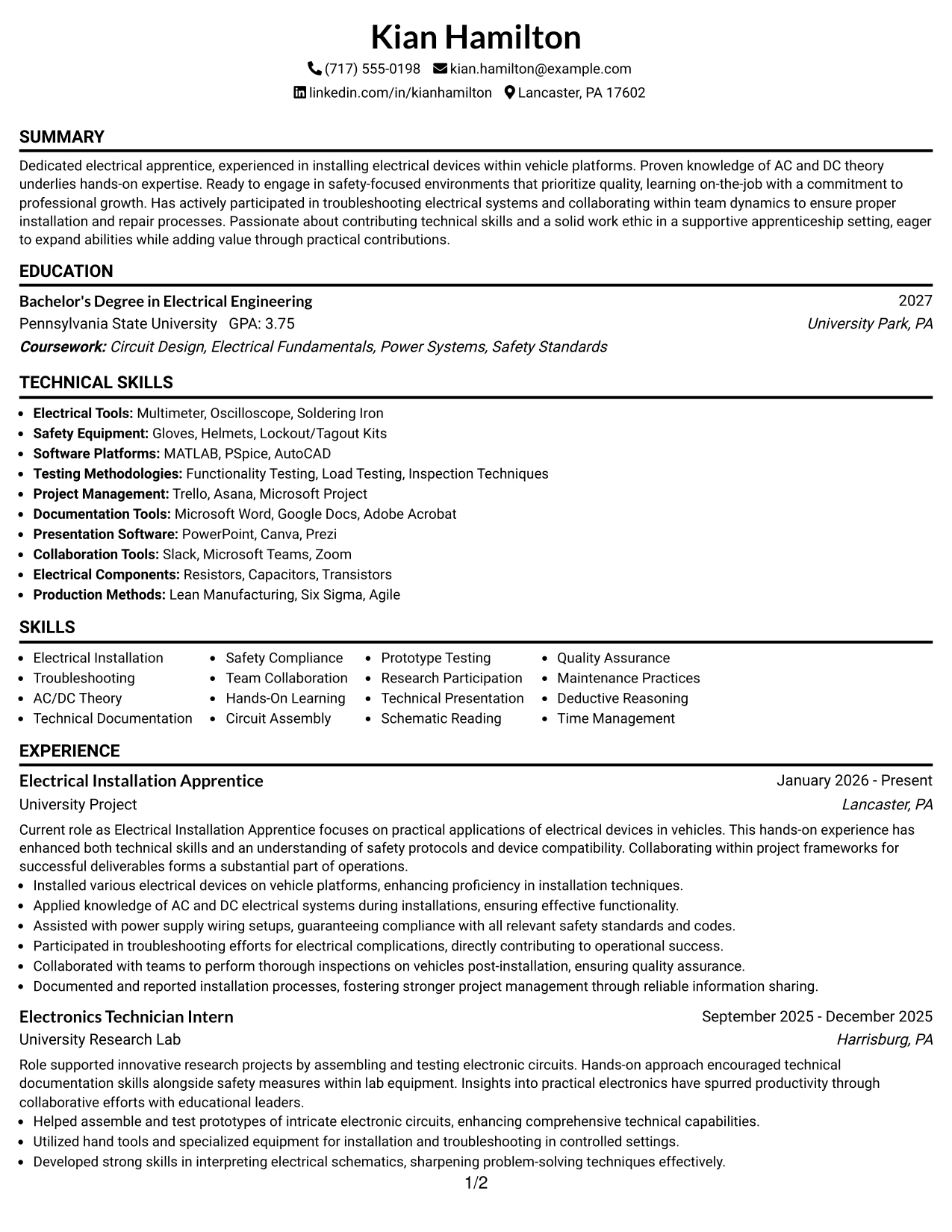 Resume Example Page 1