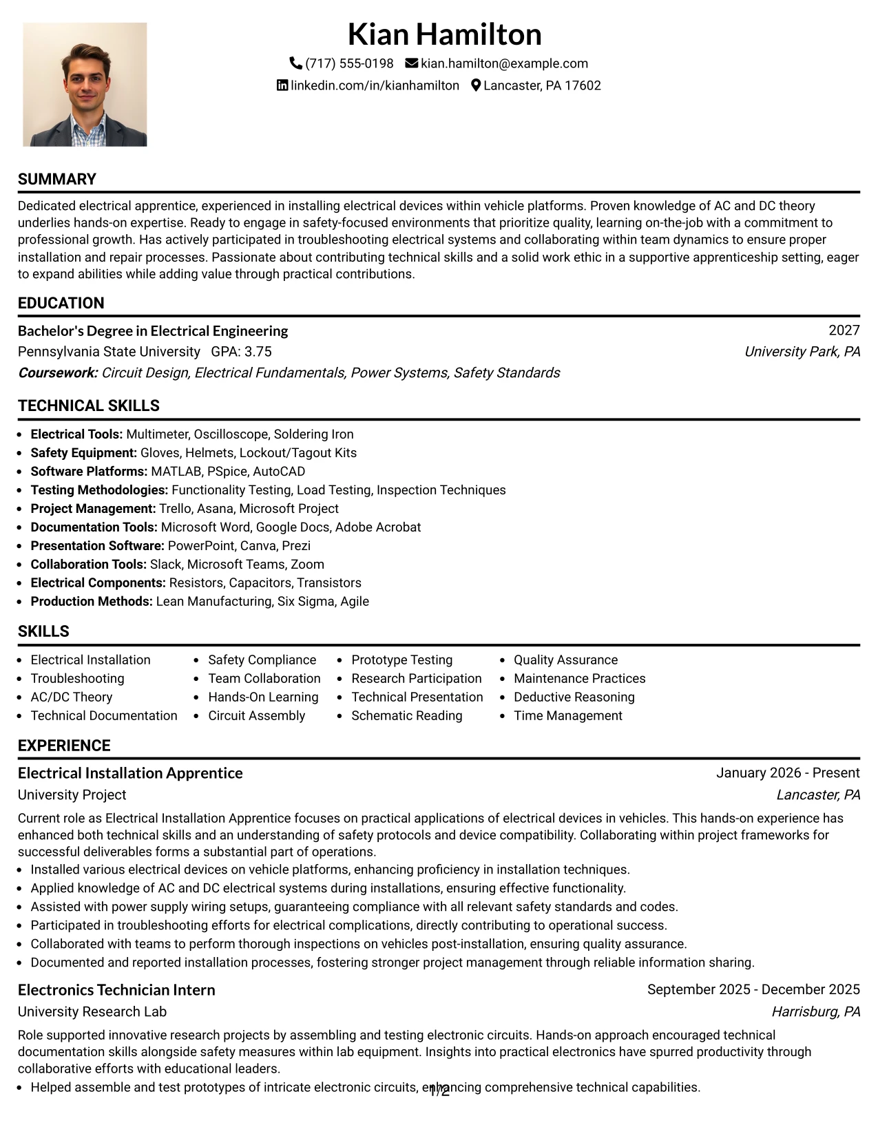 Resume Example Page 1