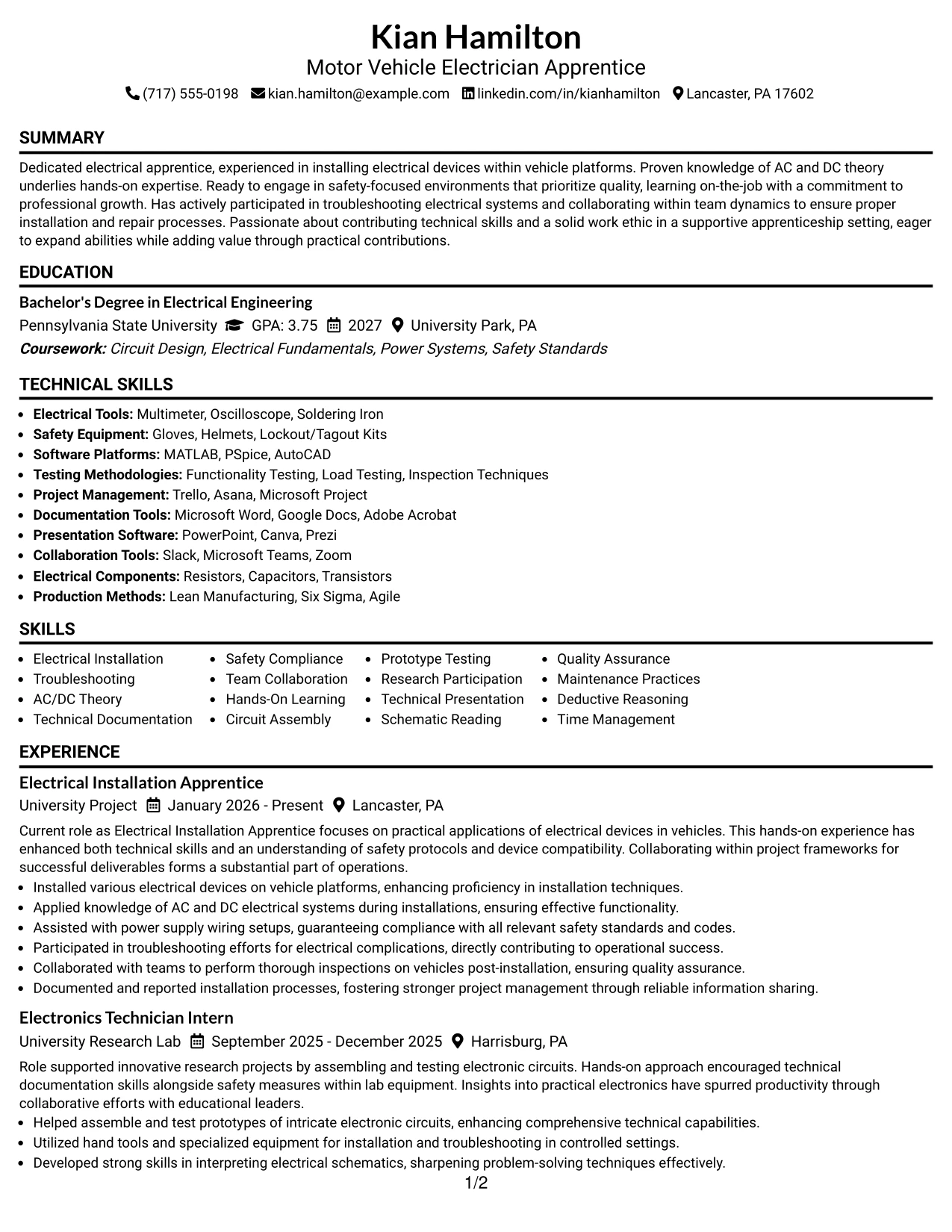 Resume Example Page 1