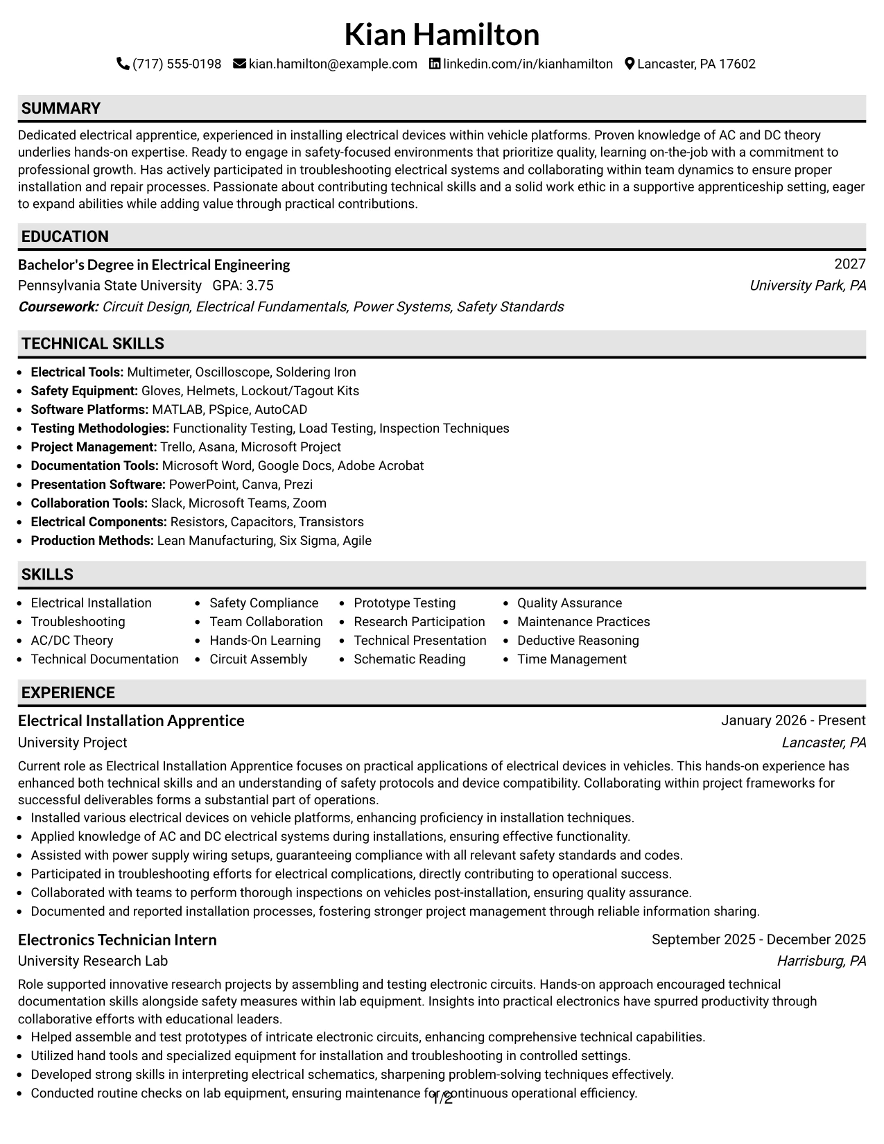Resume Example Page 1