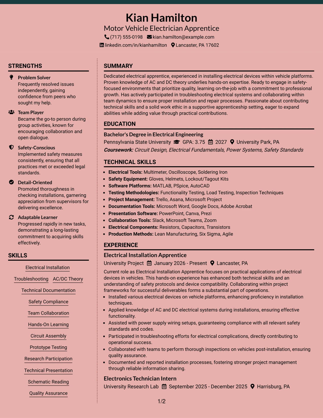 Resume Example Page 1