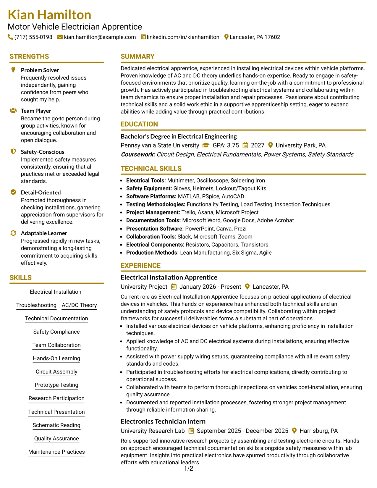 Resume Example Page 1