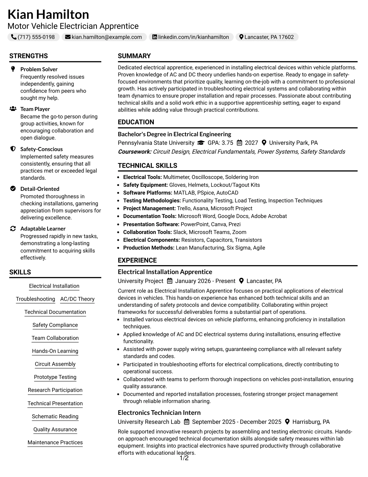 Resume Example Page 1