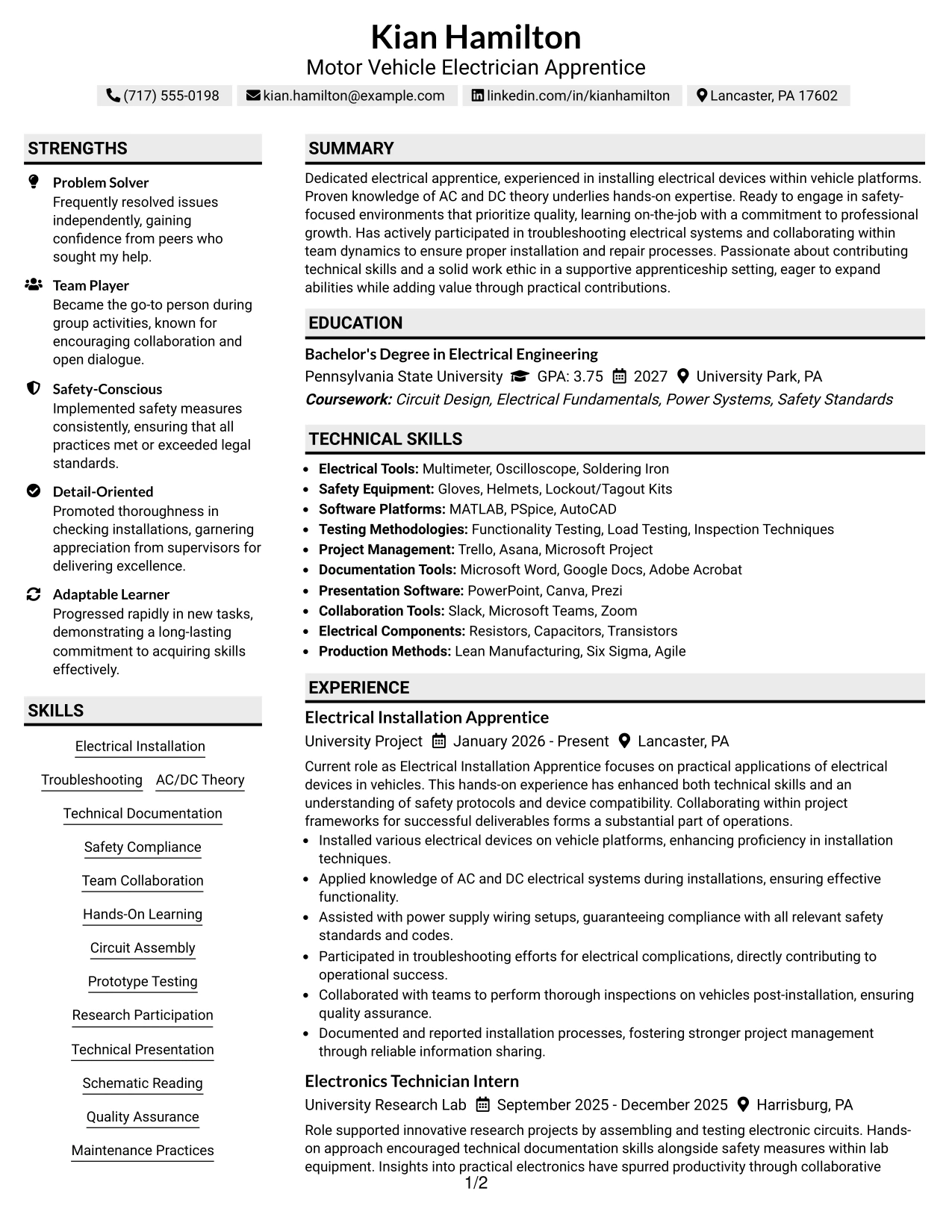Resume Example Page 1