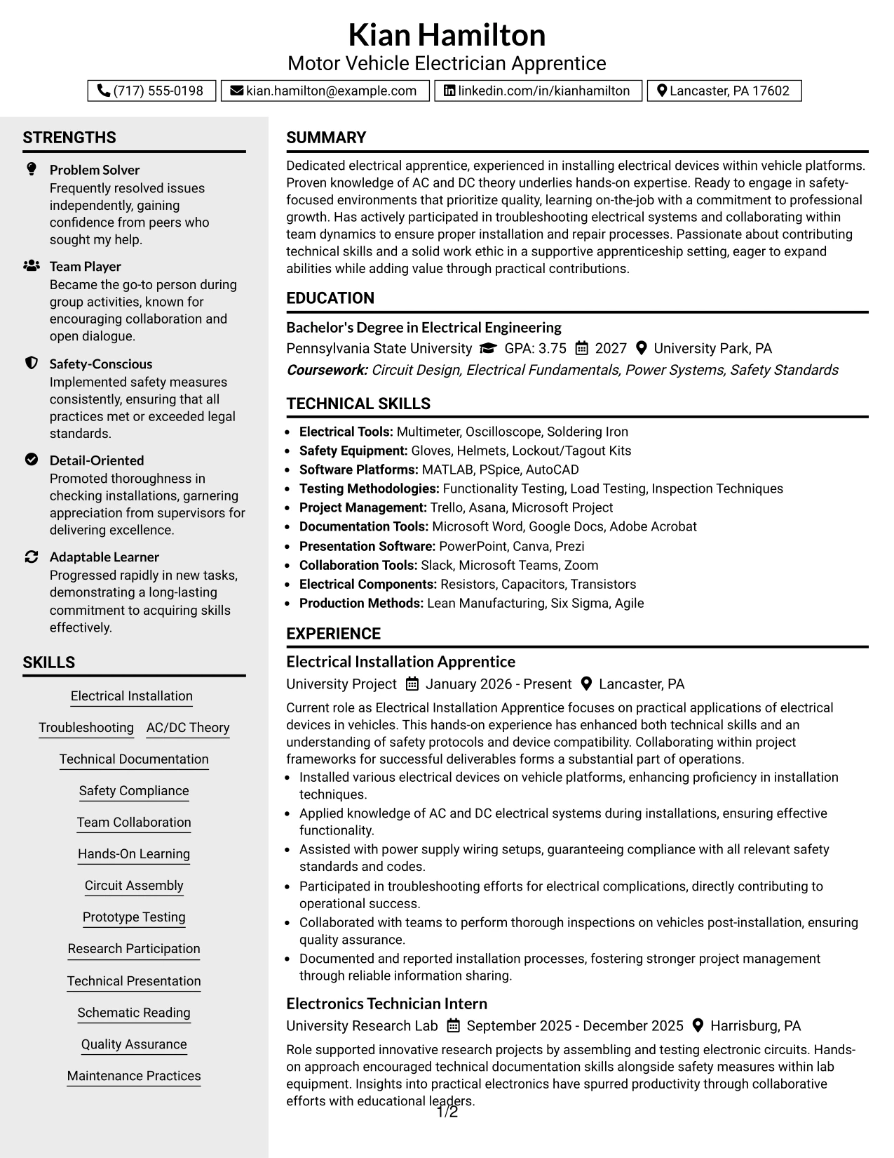 Resume Example Page 1