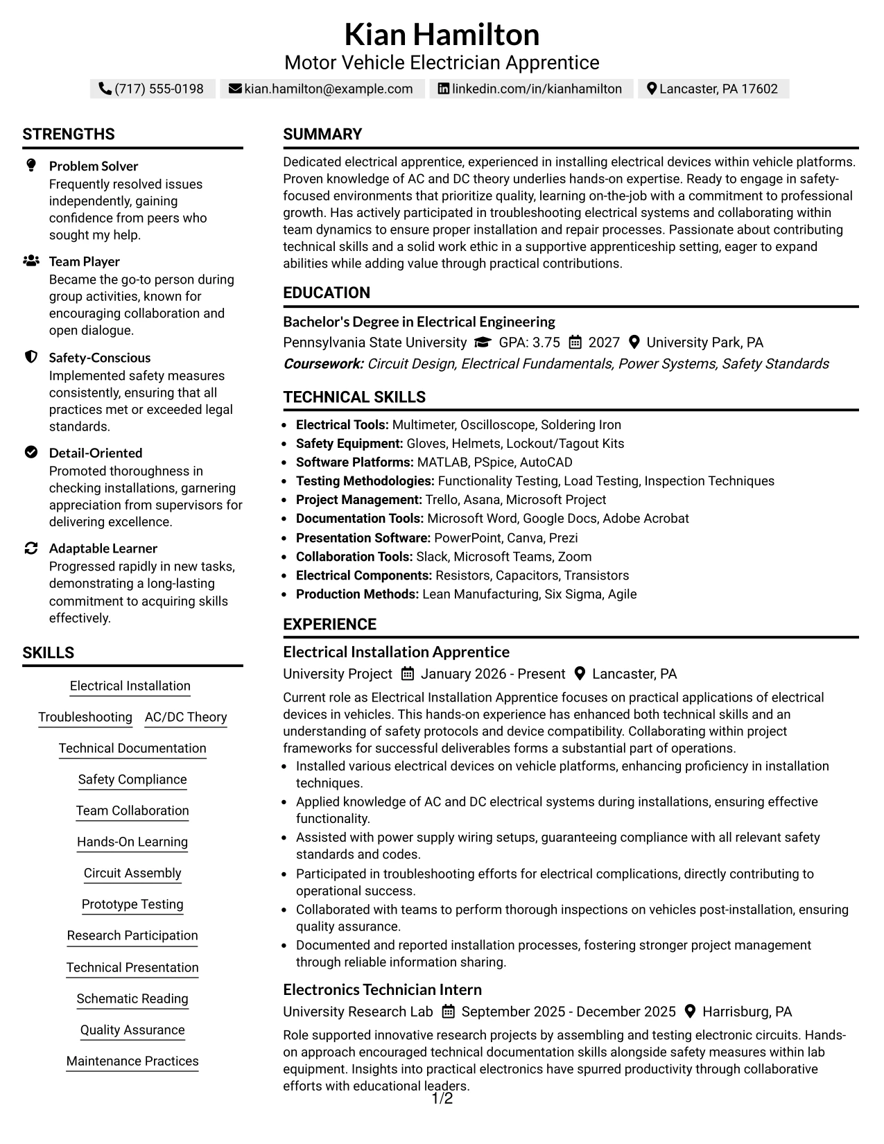 Resume Example Page 1
